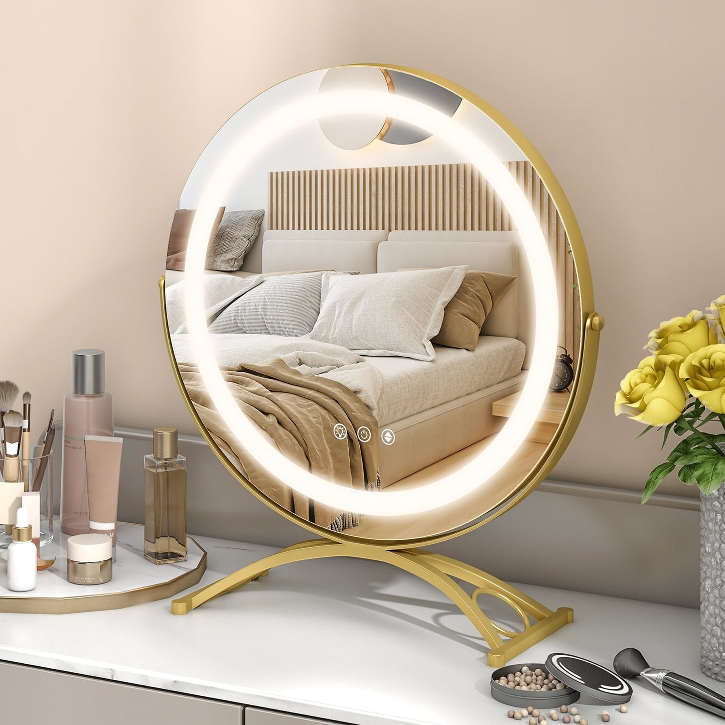 16 x 16 Inch Round LED Vanity Mirror with 3-Color Lighting and Brightness Dimming-Black