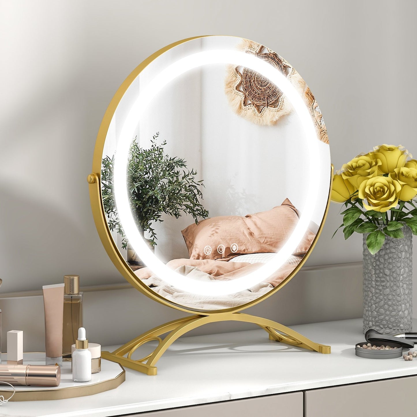 16 x 16 Inch Round LED Vanity Mirror with 3-Color Lighting and Brightness Dimming-Black