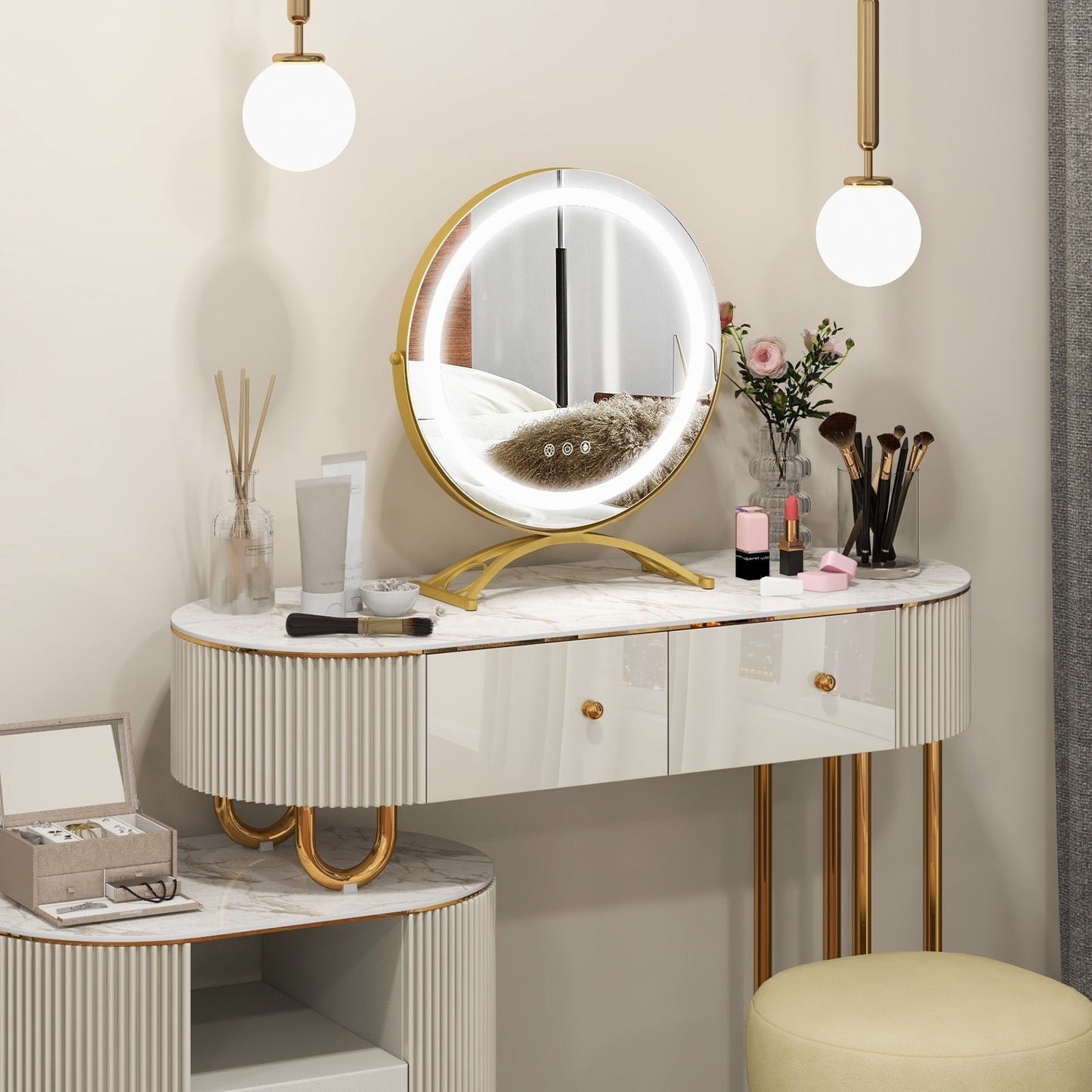 16 x 16 Inch Round LED Vanity Mirror with 3-Color Lighting and Brightness Dimming-Black