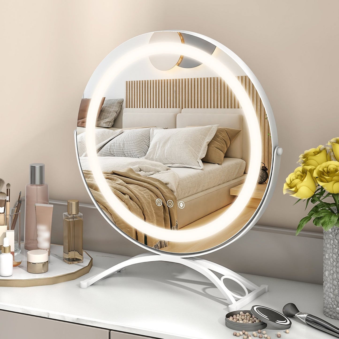 16 x 16 Inch Round LED Vanity Mirror with 3-Color Lighting and Brightness Dimming-Black
