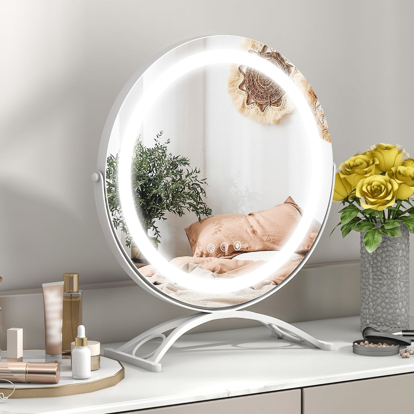 16 x 16 Inch Round LED Vanity Mirror with 3-Color Lighting and Brightness Dimming-Black