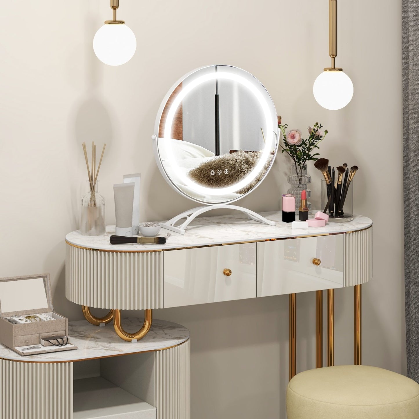 16 x 16 Inch Round LED Vanity Mirror with 3-Color Lighting and Brightness Dimming-Black