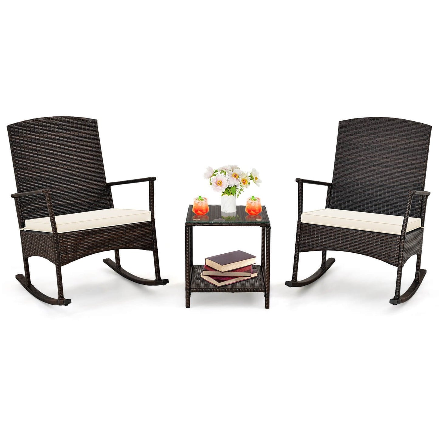 3 Piece Patio Rocking Set Wicker Rocking Chairs with 2-Tier Coffee Table-Black