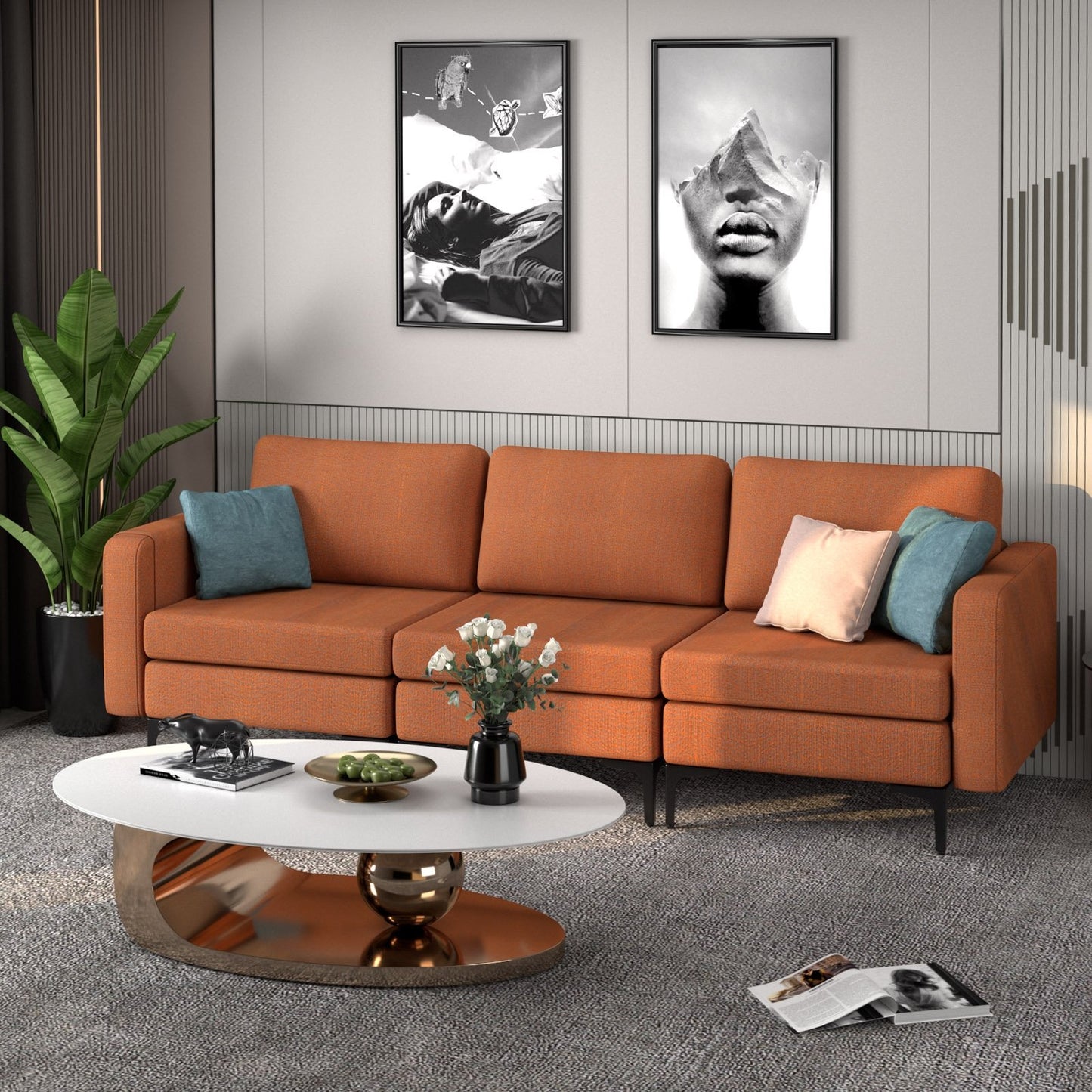 Convertible Leather Sofa Couch with Magazine Pockets 3-Seat with 2 USB Port-Blue
