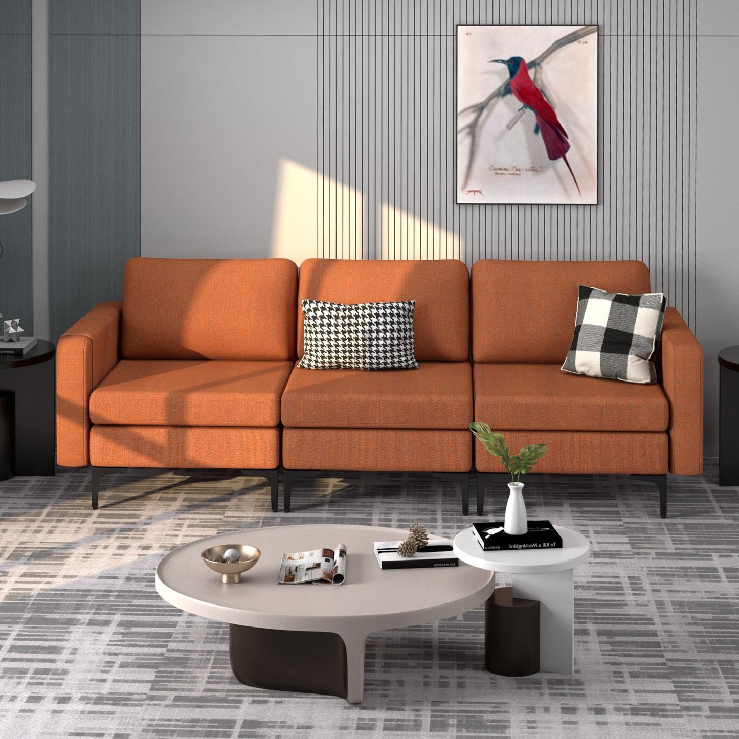 Convertible Leather Sofa Couch with Magazine Pockets 3-Seat with 2 USB Port-Blue