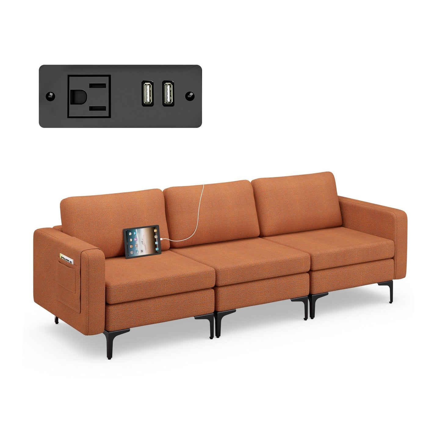 Convertible Leather Sofa Couch with Magazine Pockets 3-Seat with 2 USB Port-Blue