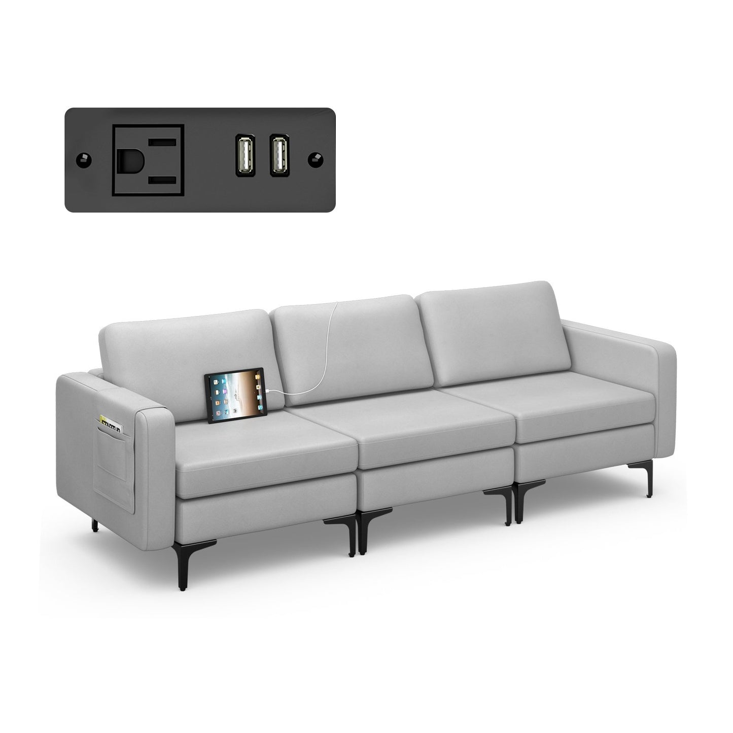 Convertible Leather Sofa Couch with Magazine Pockets 3-Seat with 2 USB Port-Blue
