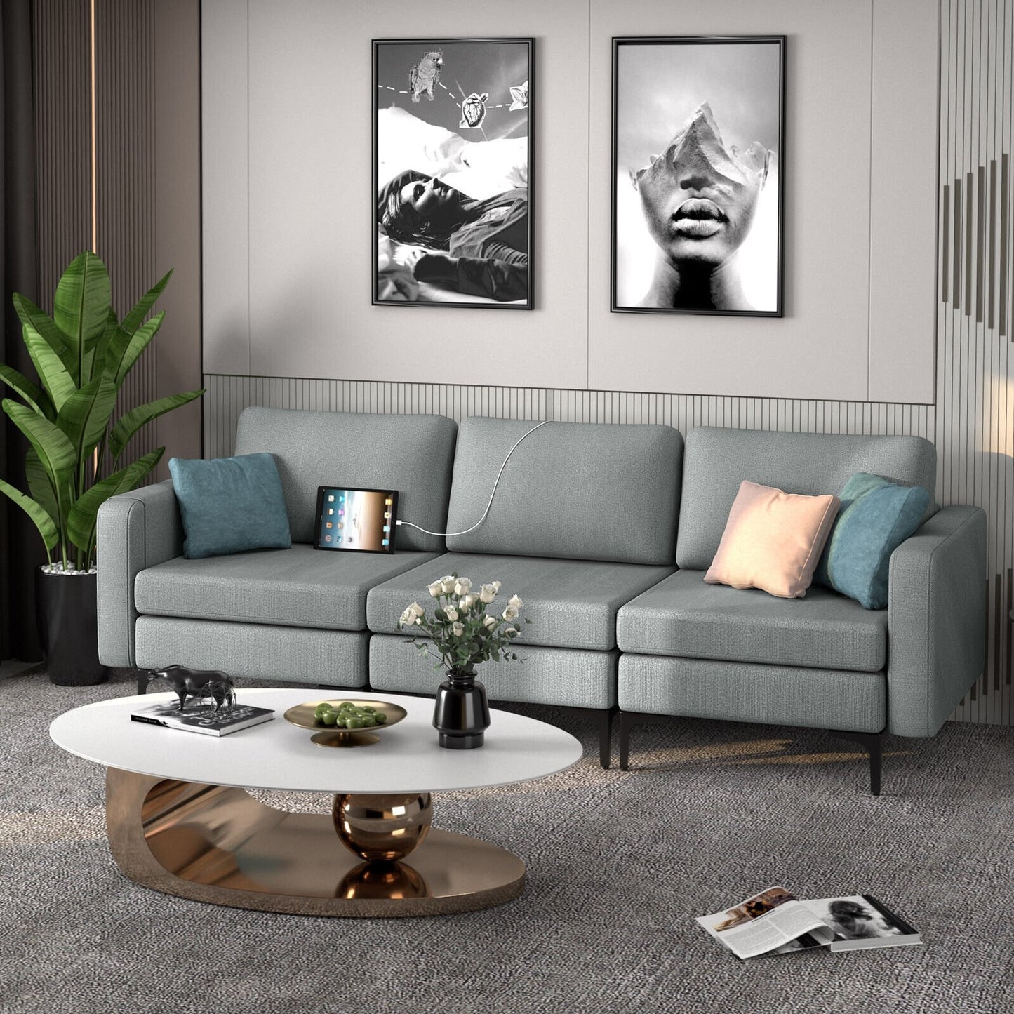 Convertible Leather Sofa Couch with Magazine Pockets 3-Seat with 2 USB Port-Blue
