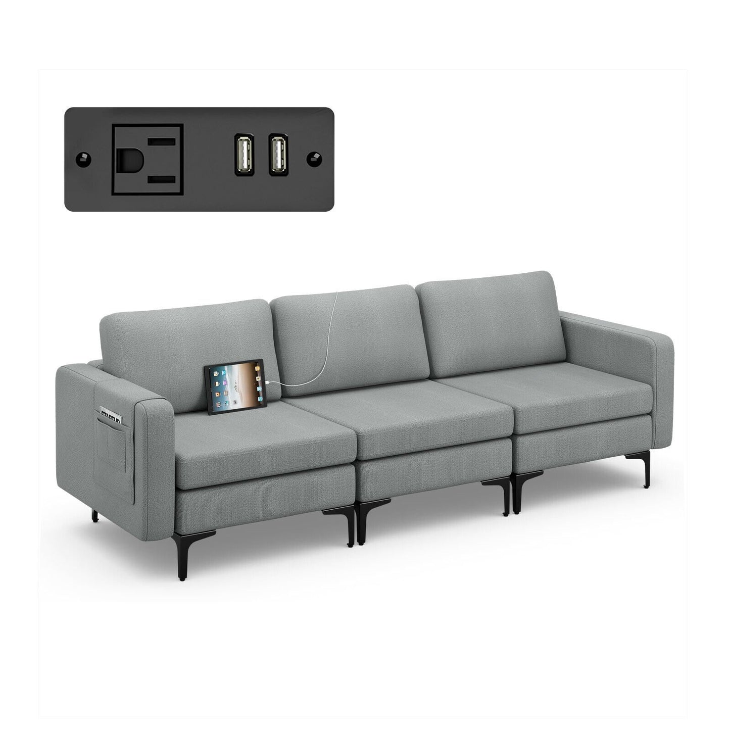 Convertible Leather Sofa Couch with Magazine Pockets 3-Seat with 2 USB Port-Blue