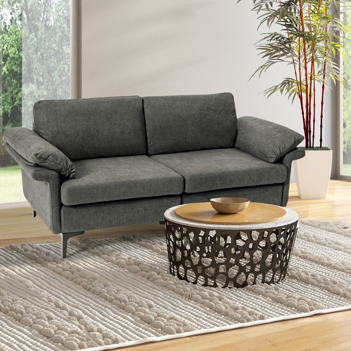 Modern Fabric Loveseat Sofa for with Metal Legs and Armrest Pillows-Army Green