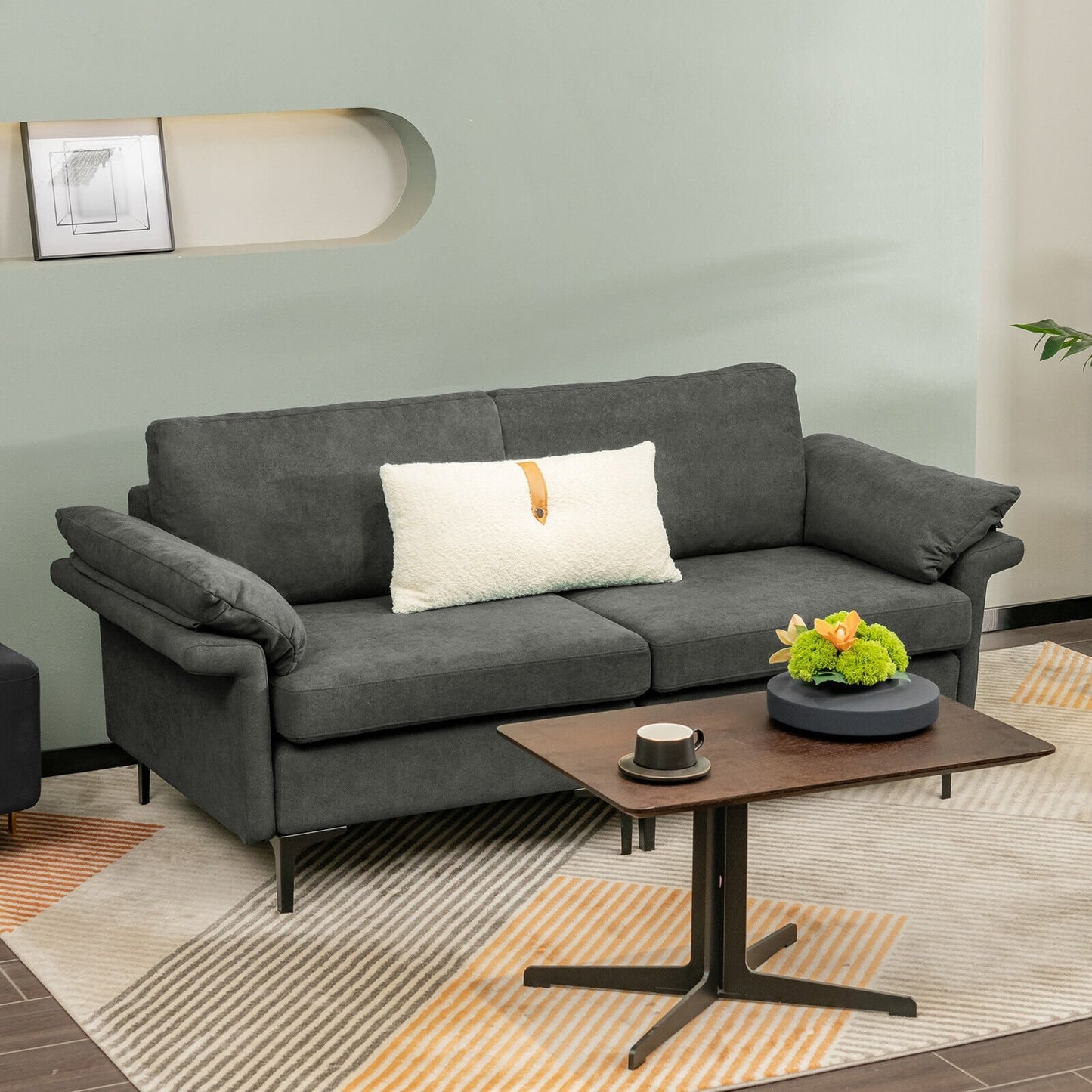 Modern Fabric Loveseat Sofa for with Metal Legs and Armrest Pillows-Army Green