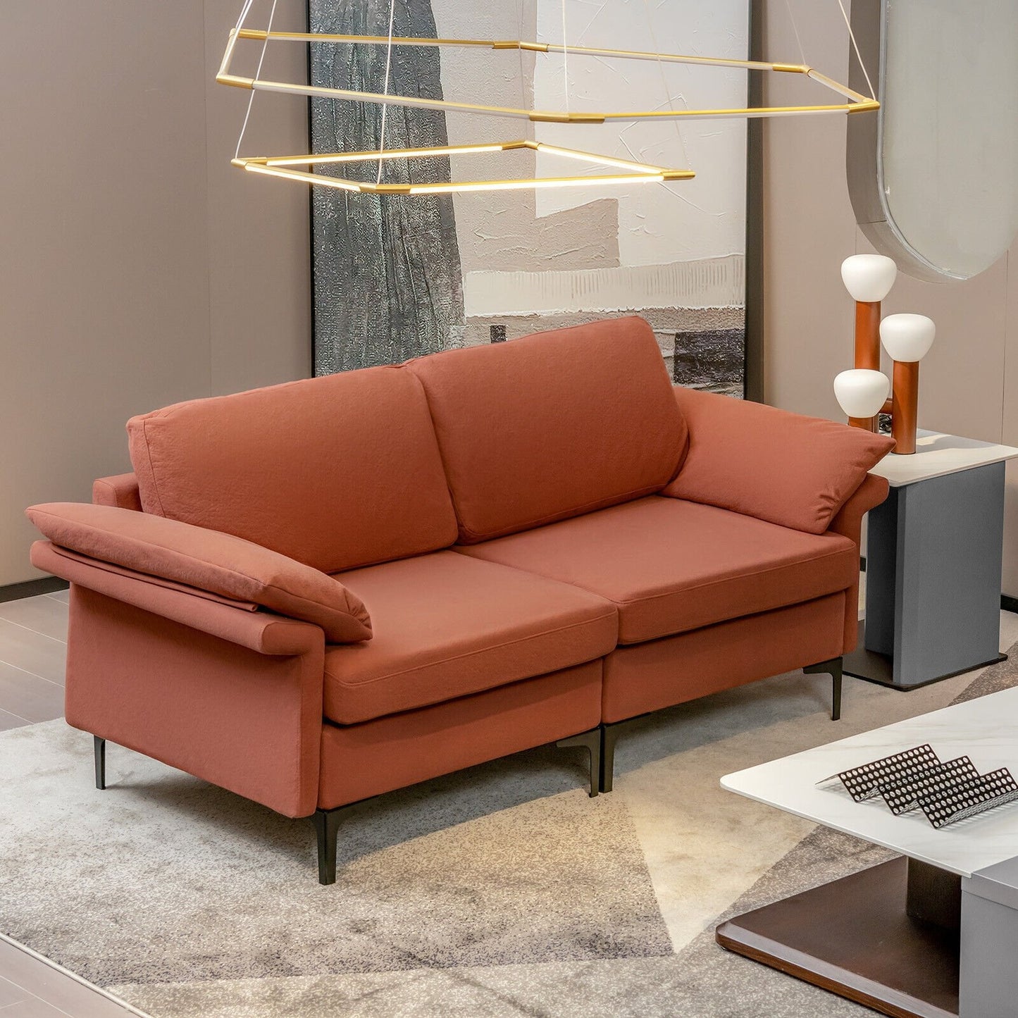 Modern Fabric Loveseat Sofa for with Metal Legs and Armrest Pillows-Army Green