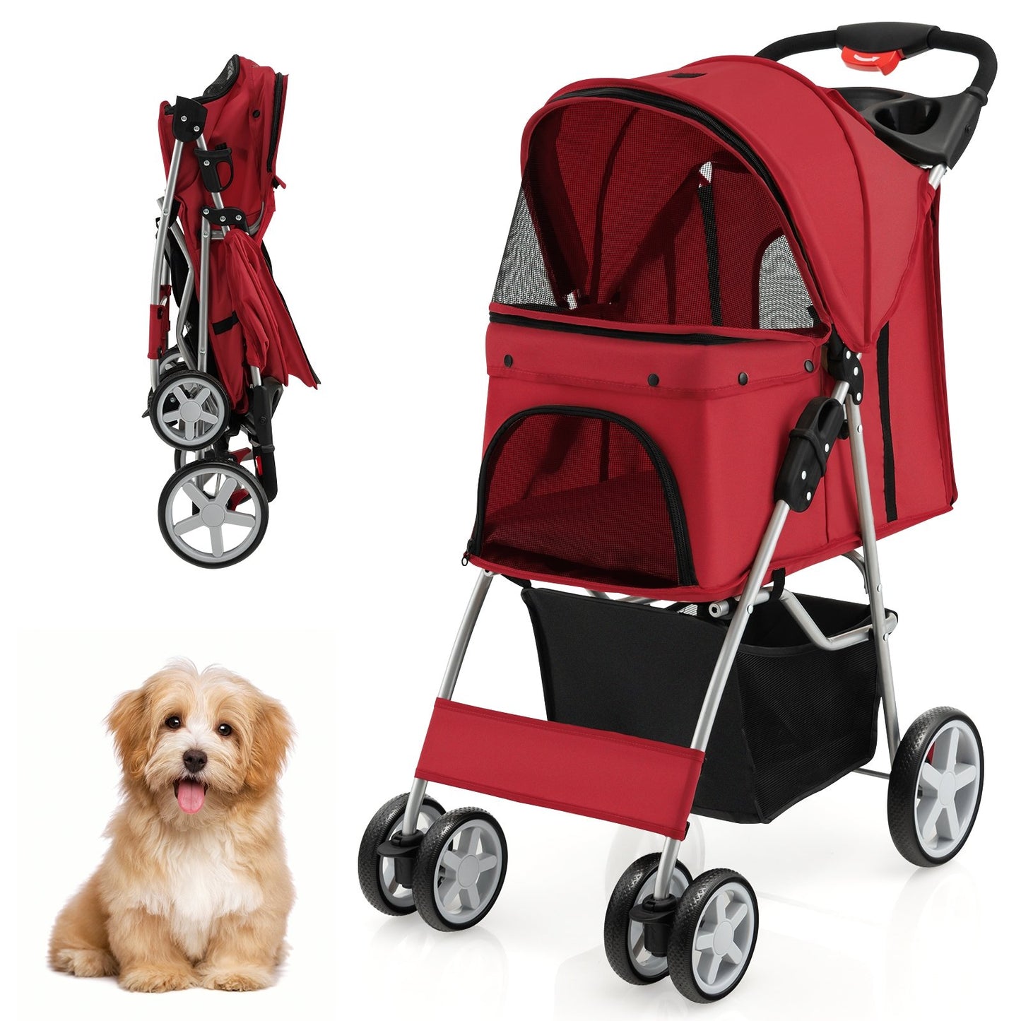 Foldable 4-Wheel Pet Stroller with Storage Basket-Beige
