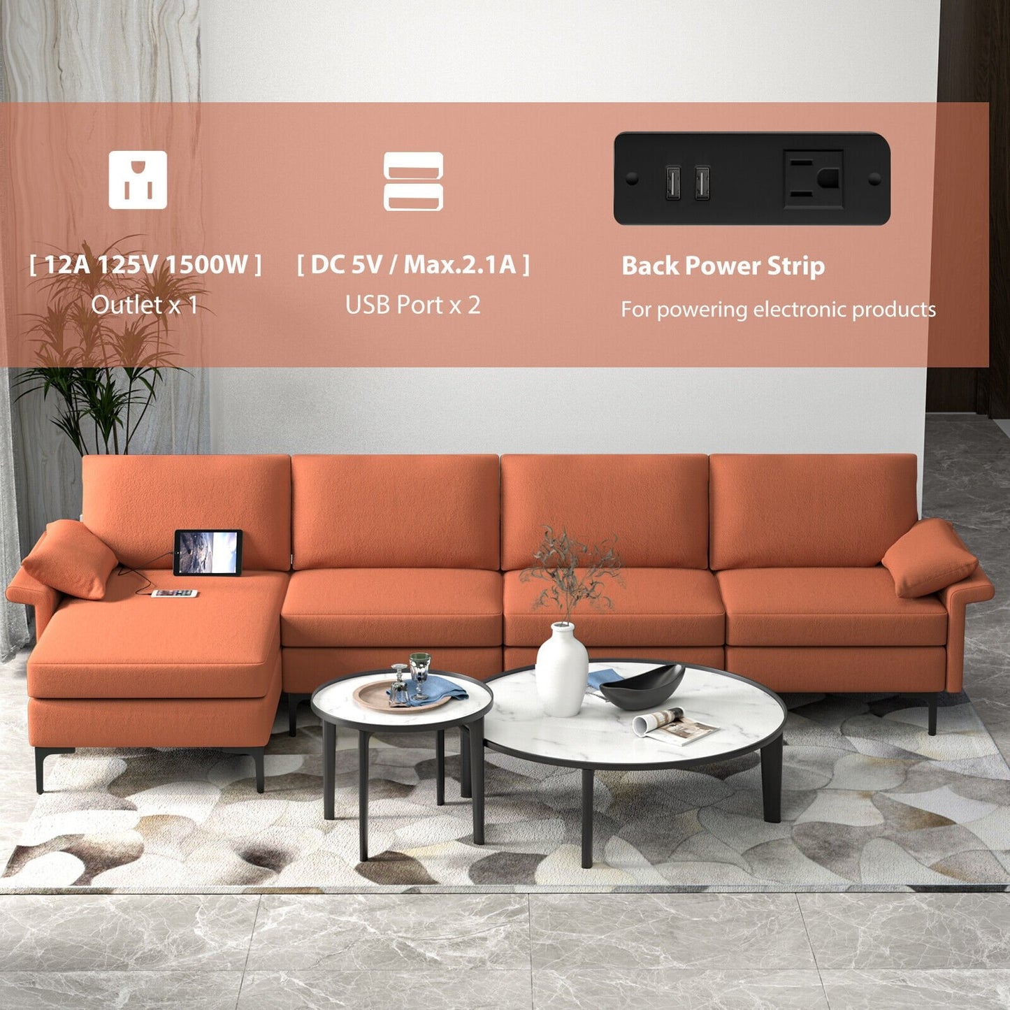Extra Large L-shaped Sectional Sofa with Reversible Chaise and 2 USB Ports for 4-5 People-Army Green