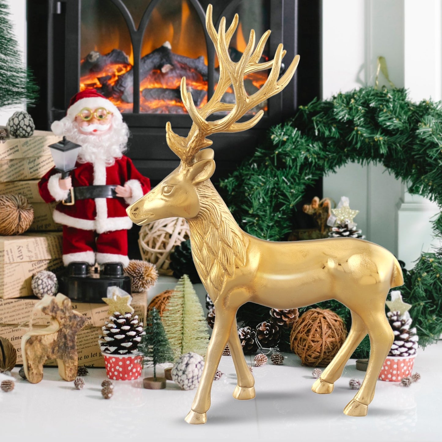 Standing Reindeer Statue Aluminum Deer Sculpture for Indoors Christmas Decor-Black