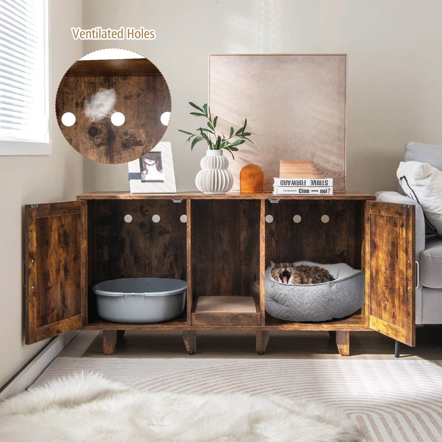 2-Door Cat Litter Box Enclosure with Winding Entry and Scratching Board-Black