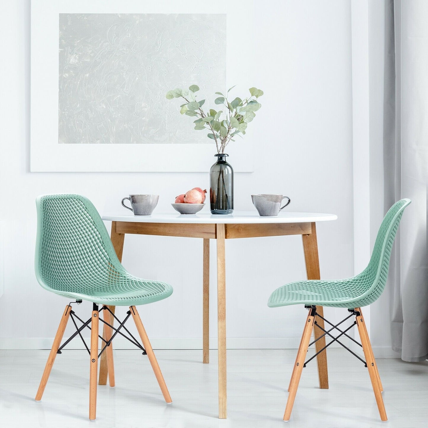 2 Pieces Modern Plastic Hollow Chair Set with Wood Leg-Black
