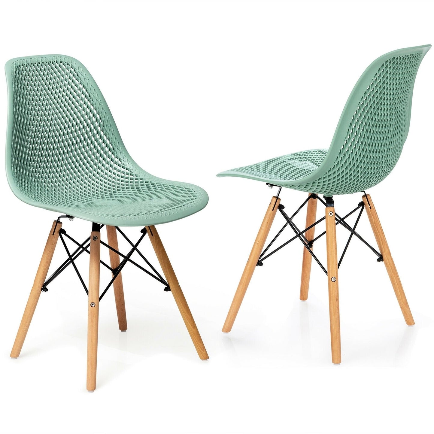 2 Pieces Modern Plastic Hollow Chair Set with Wood Leg-Black