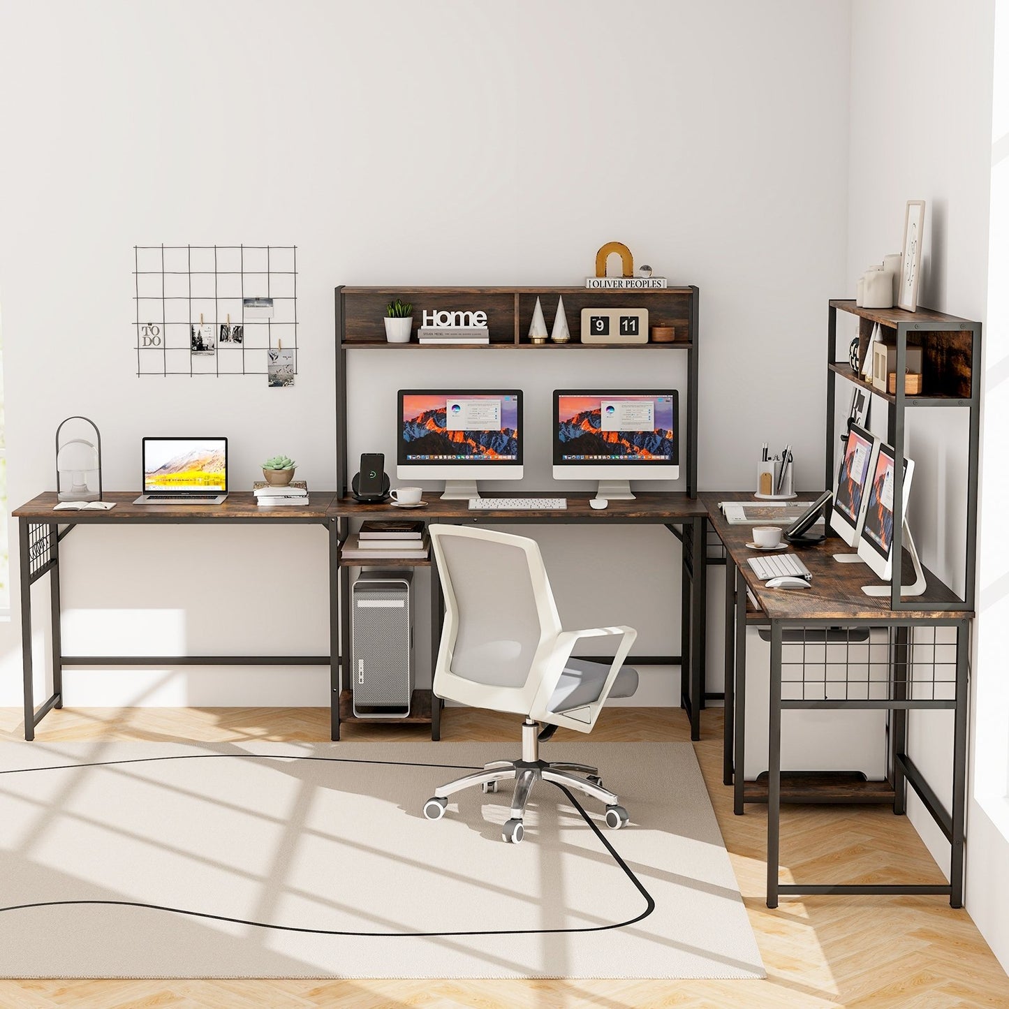 L-shaped Desk with Power Outlet Hutch-Black