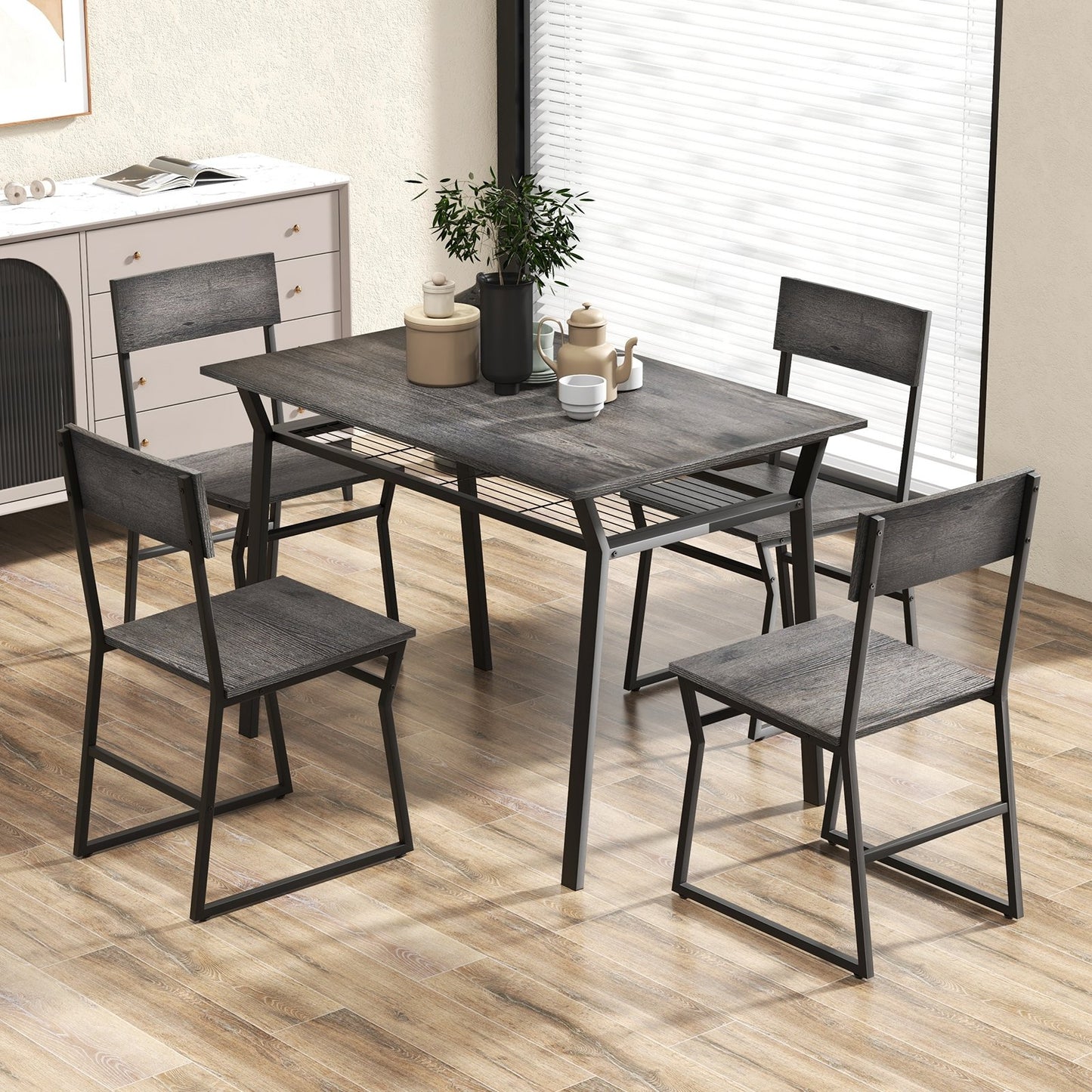 5 Piece Dining Table Set with Storage Rack and Metal Frame-Coffee