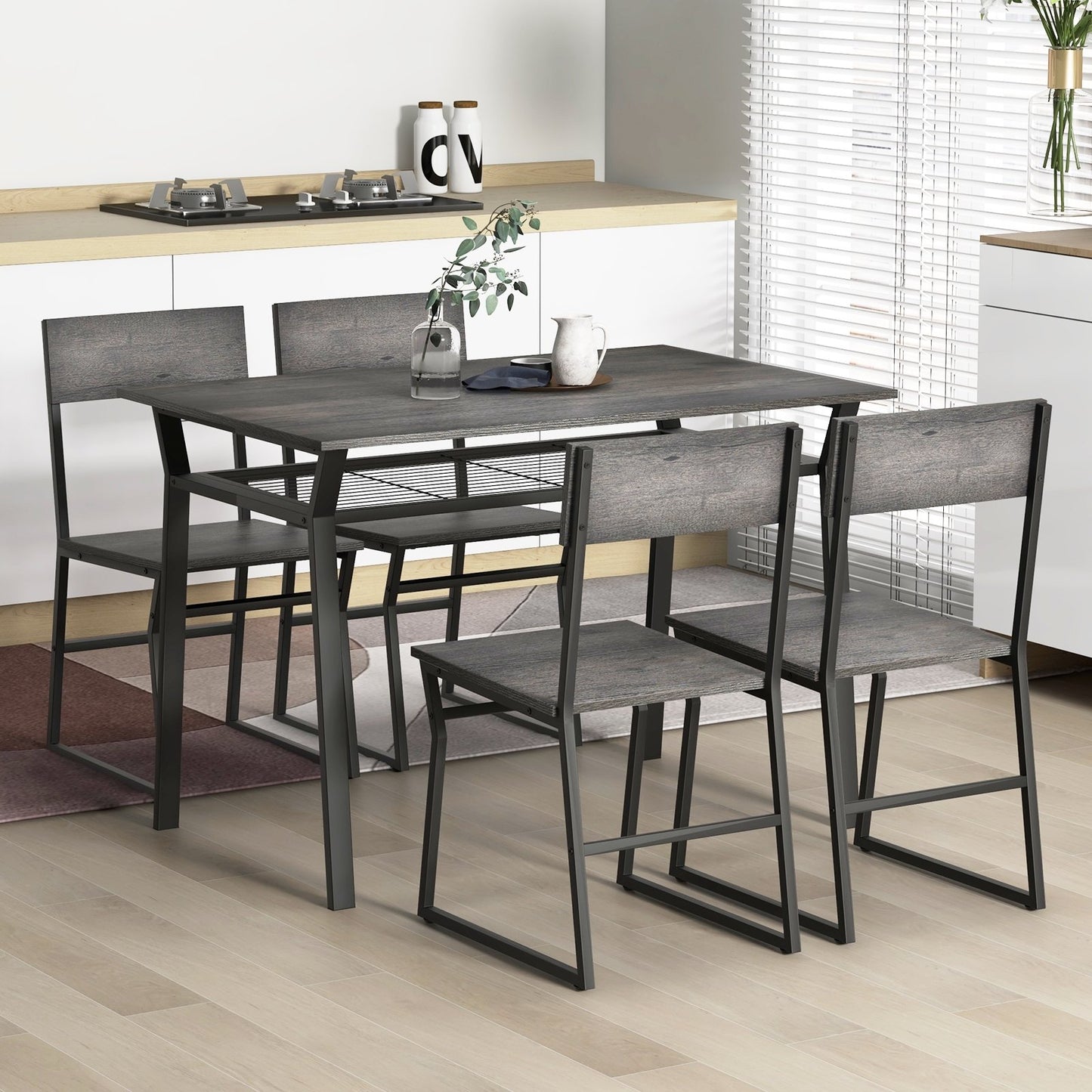 5 Piece Dining Table Set with Storage Rack and Metal Frame-Coffee
