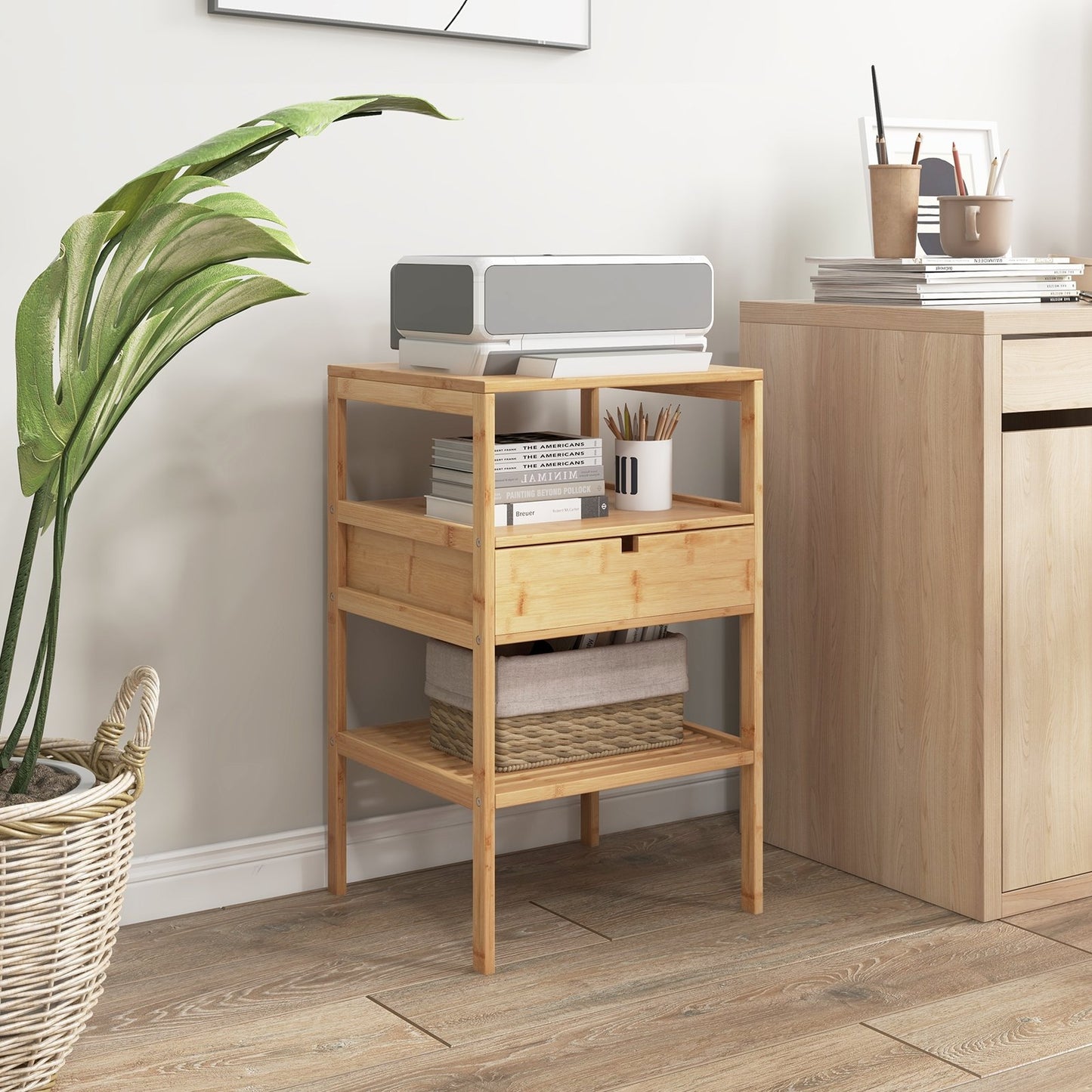 Bamboo Nightstand with Storage Drawer and Slatted Shelf-1 Piece