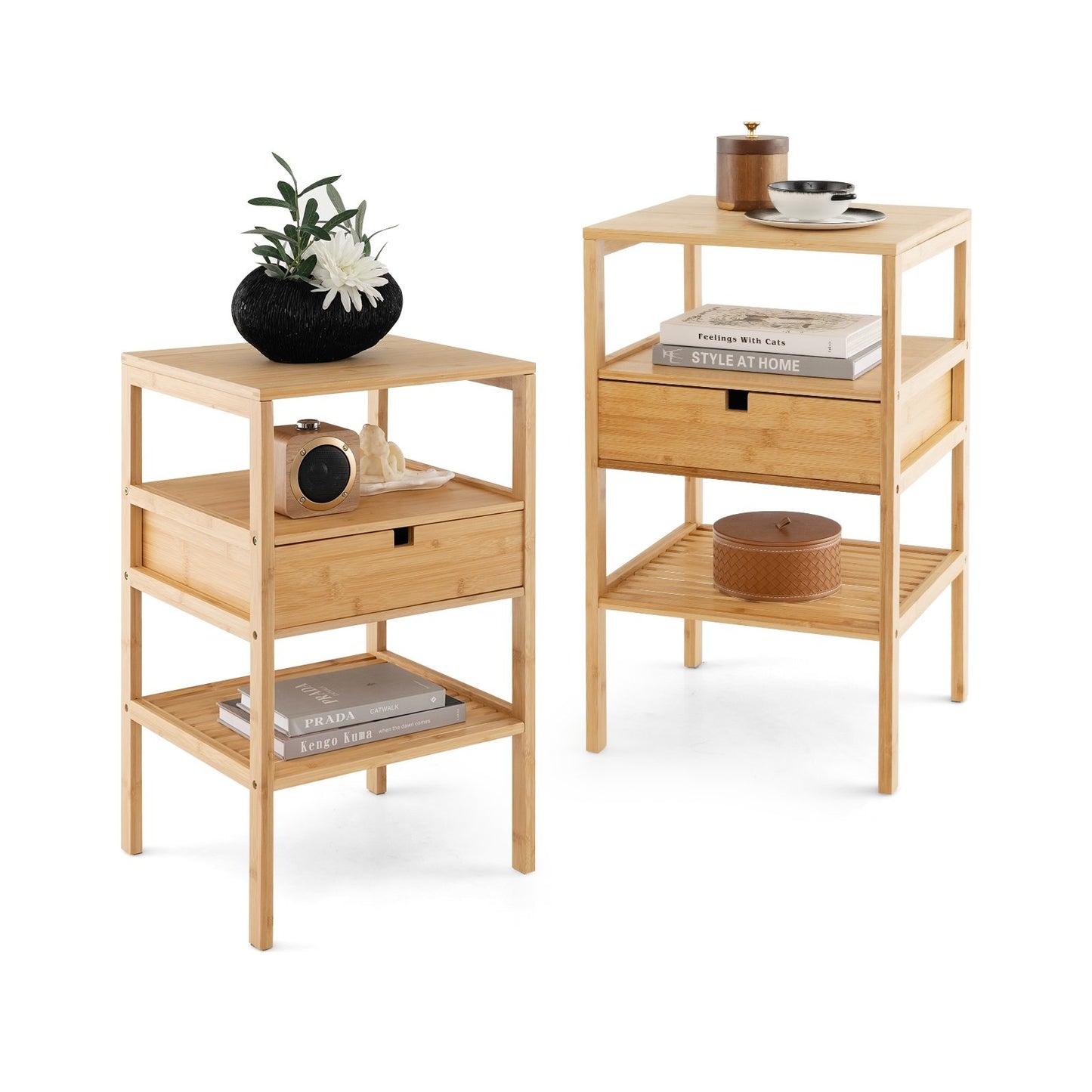 Bamboo Nightstand with Storage Drawer and Slatted Shelf-1 Piece