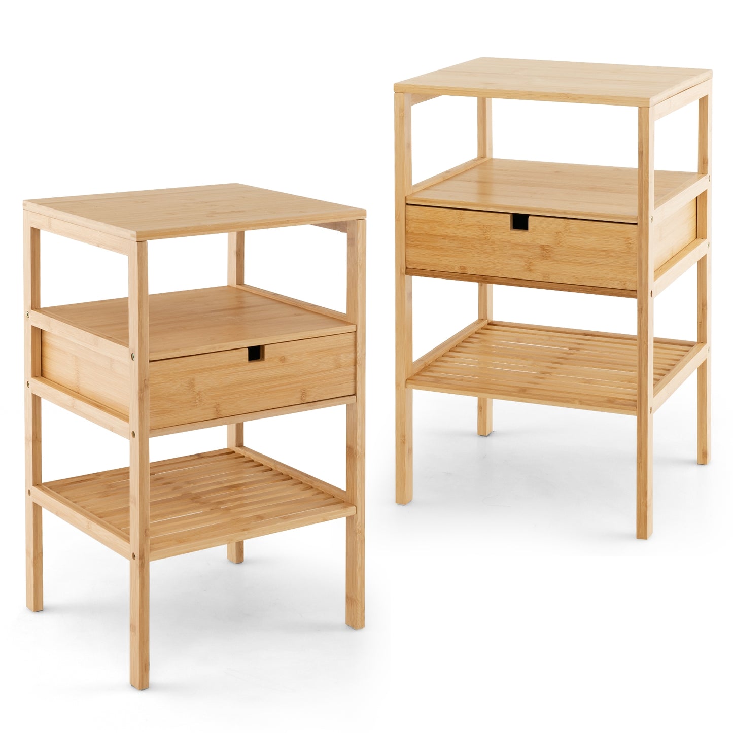 Nightstand Set of 2 Bamboo End Table with 2 Open Shelves and Drawer-Set of 2