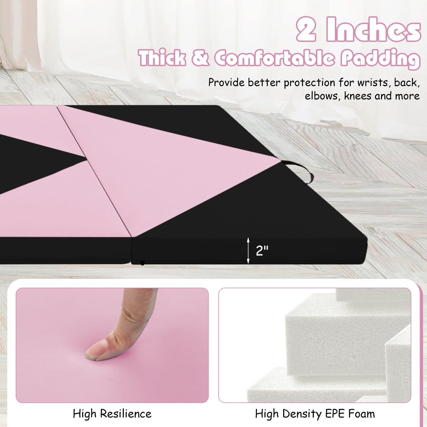 8 Feet PU Leather Folding Gymnastics Mat with Hook and Loop Fasteners-Black & Pink