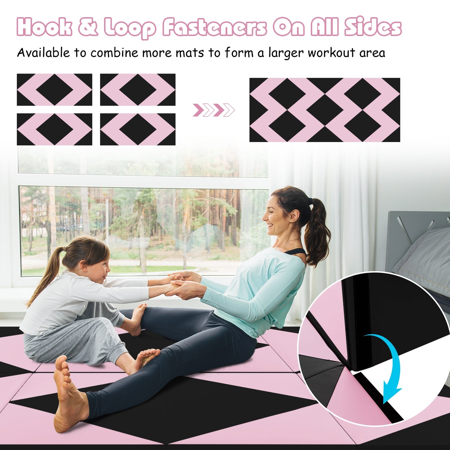 8 Feet PU Leather Folding Gymnastics Mat with Hook and Loop Fasteners-Black & Pink