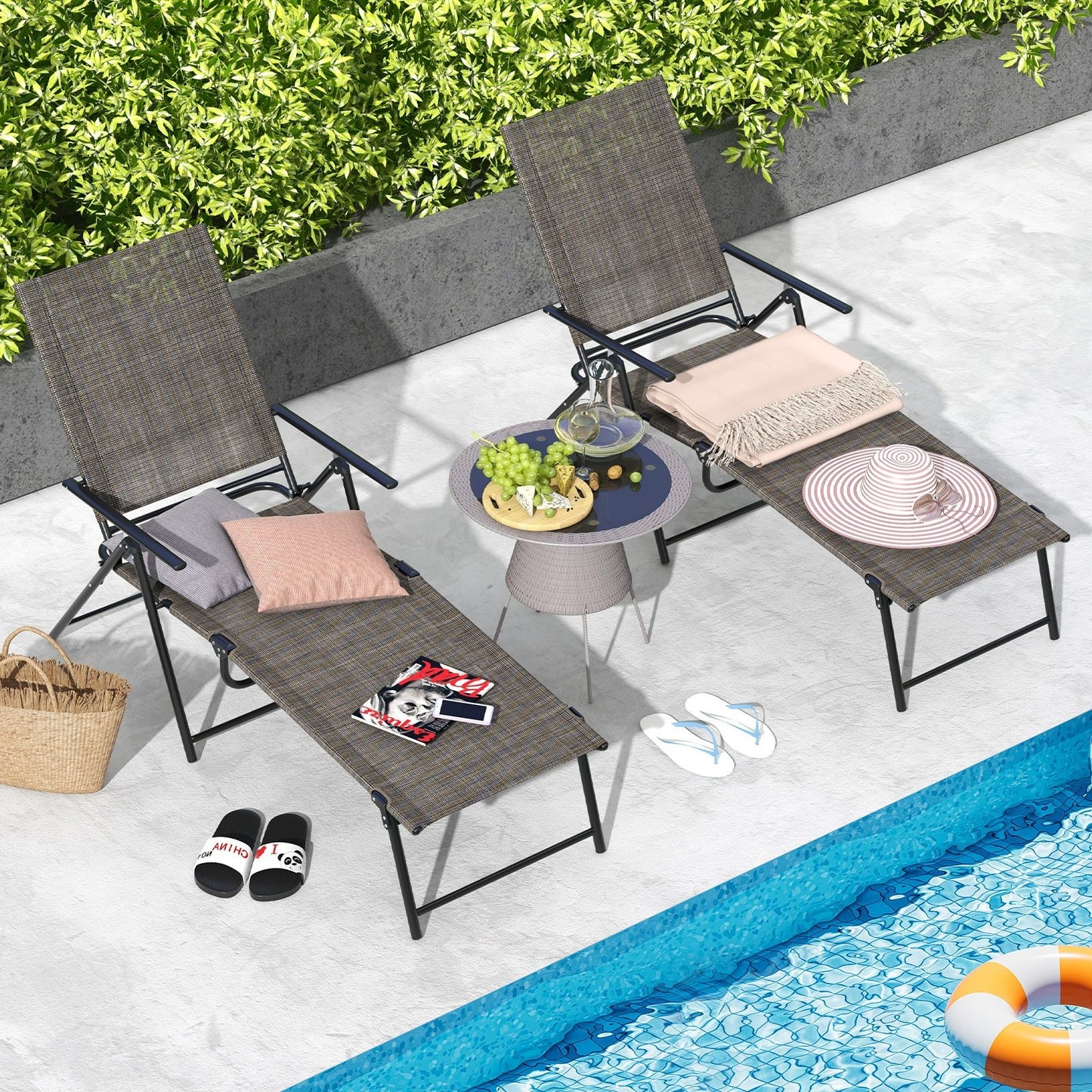 2 Piece Patio Folding Chaise Lounge Chairs Recliner with 6-Level Backrest-Black