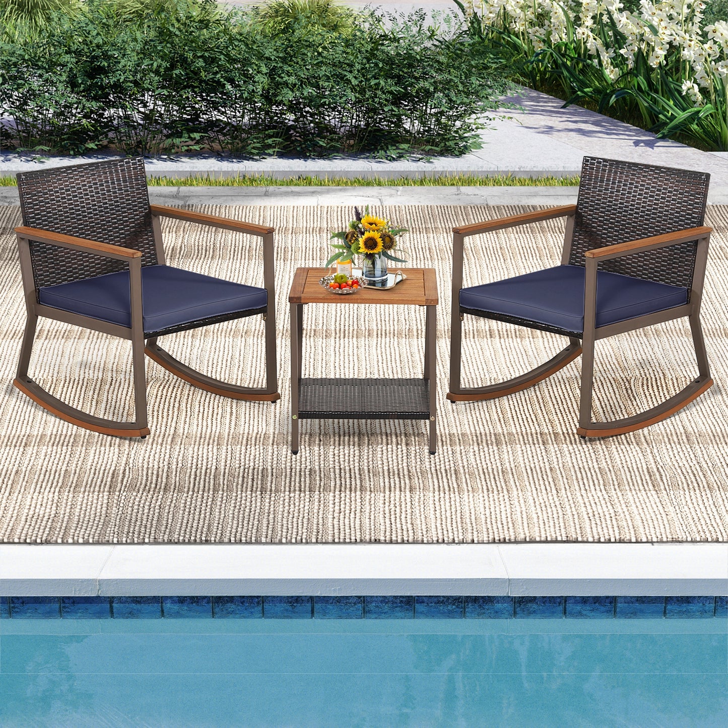 3 Pieces Rattan Rocking Bistro Set with Coffee Table and Cushions-Navy