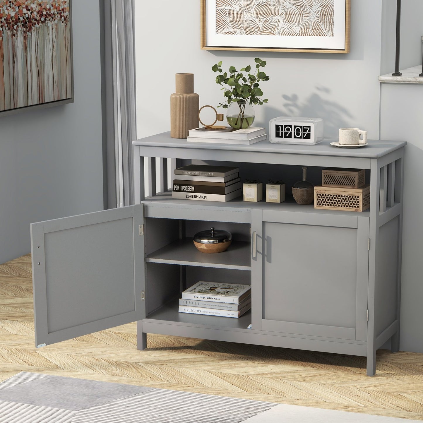 Kitchen Buffet Server Sideboard Storage Cabinet with 2 Doors and Shelf-Black