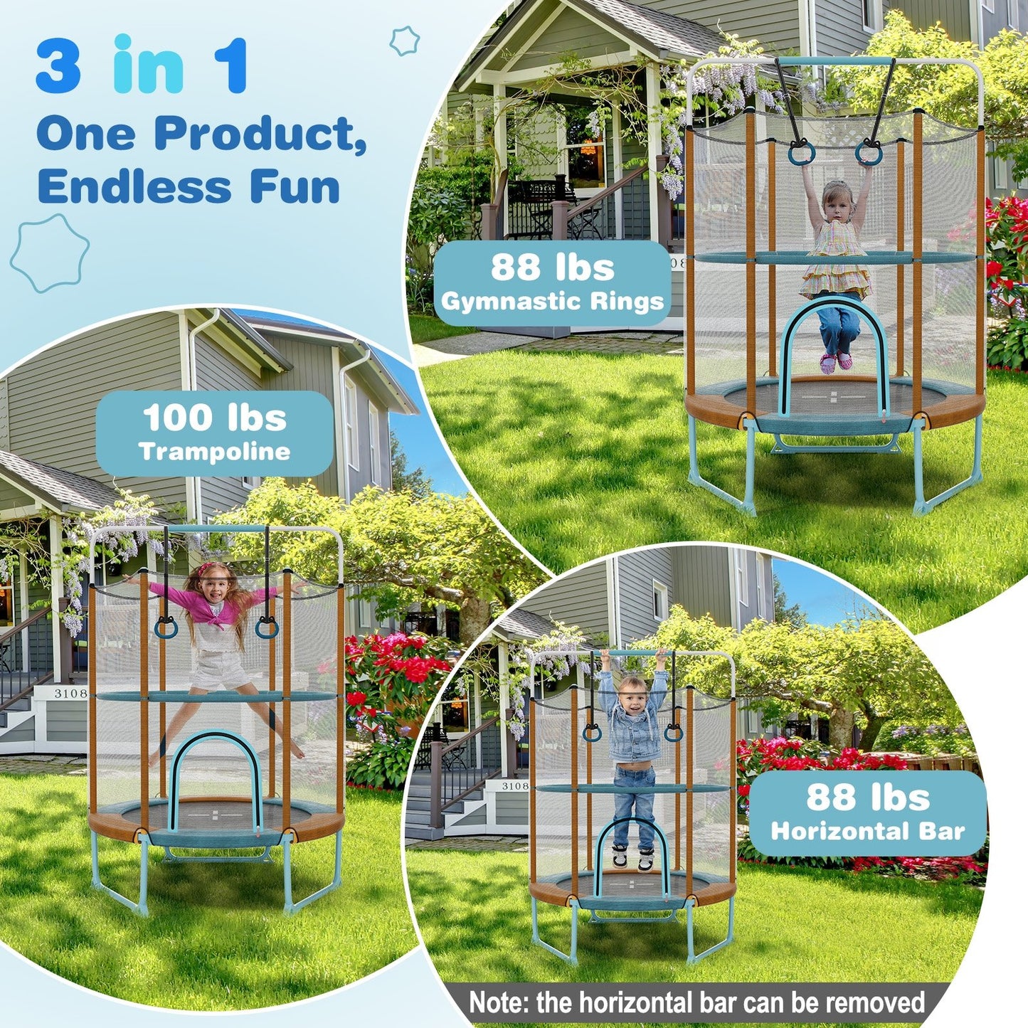 60 Inch Trampoline with Gymnastic Bar and Rings for Kids-Blue
