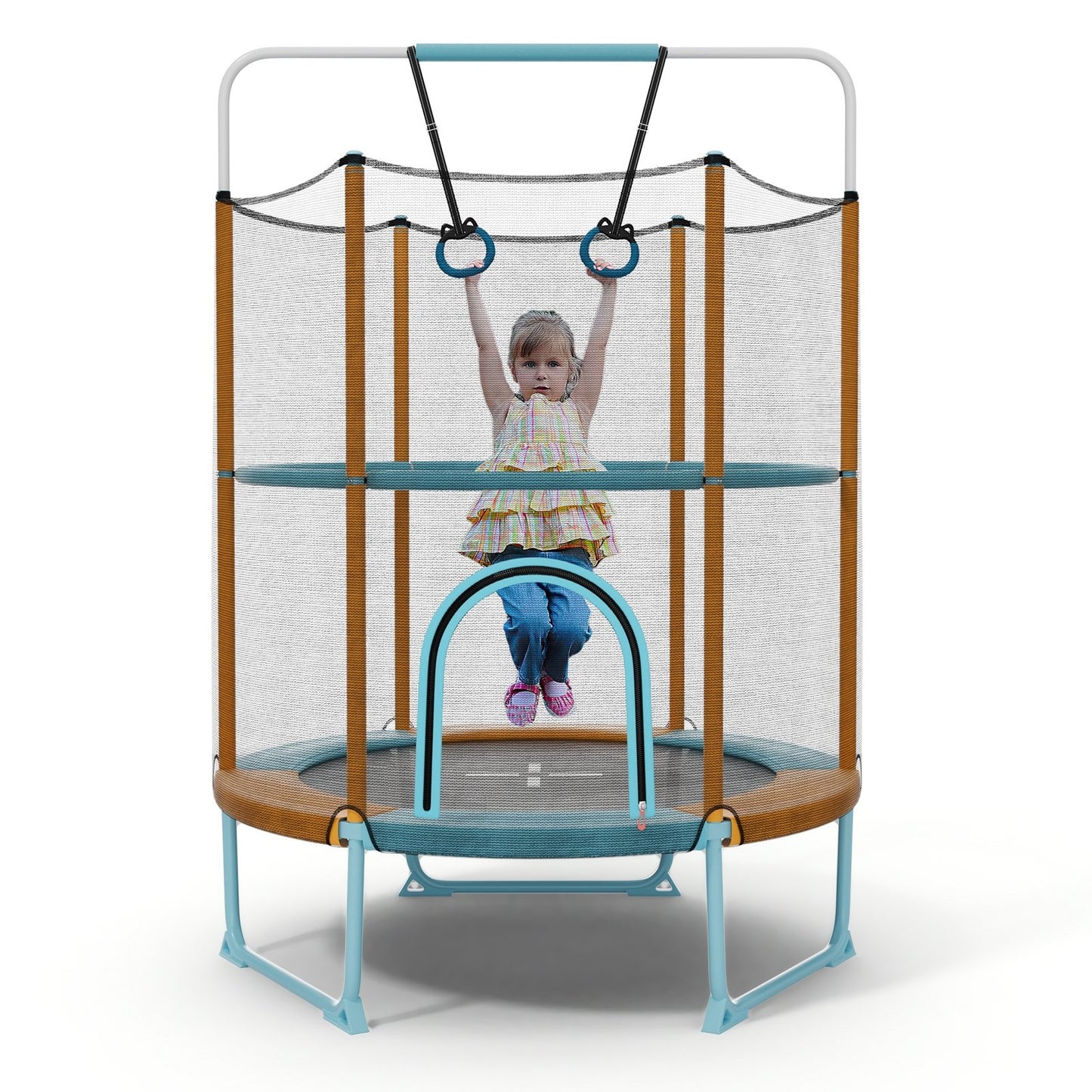 60 Inch Trampoline with Gymnastic Bar and Rings for Kids-Blue