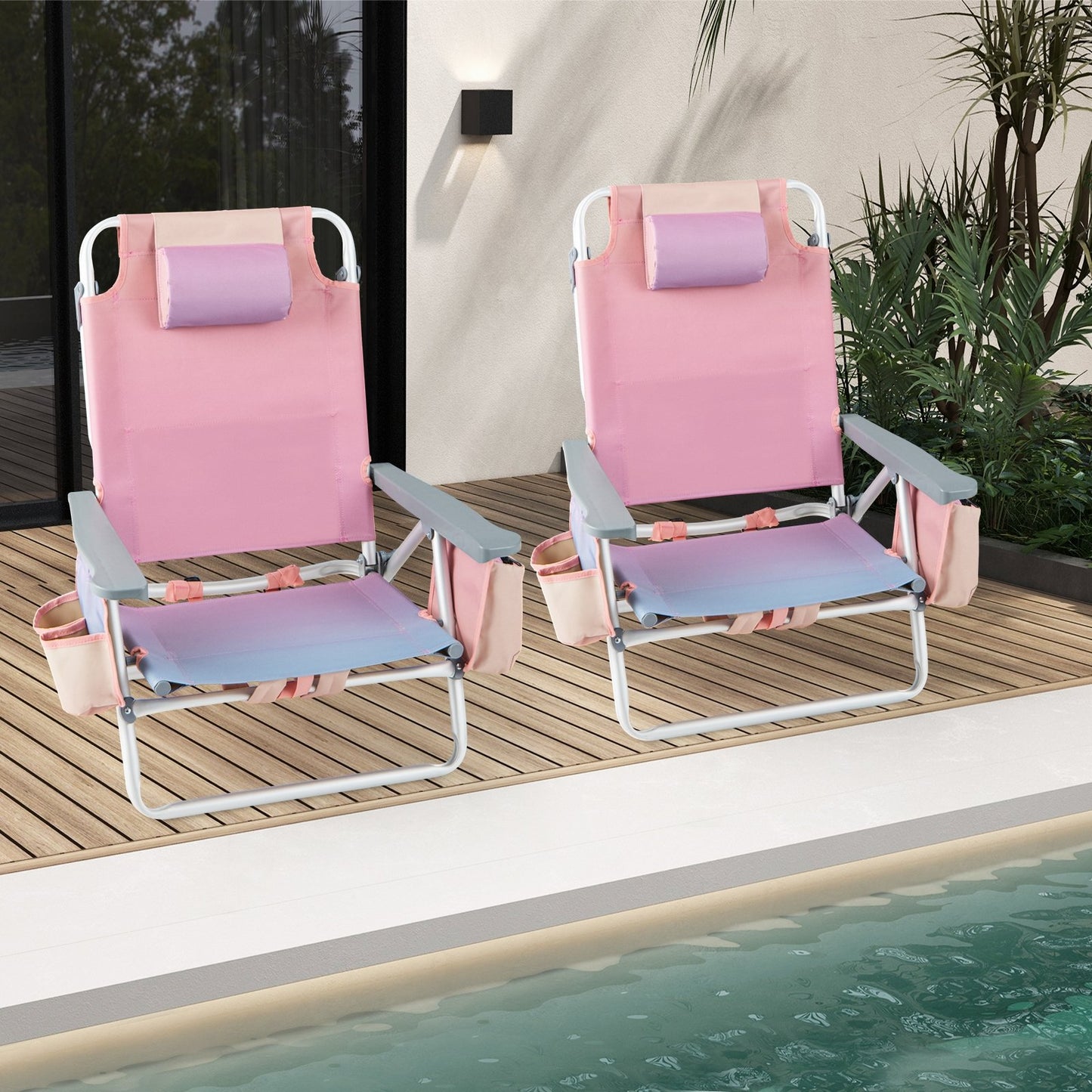 2-Pack Folding Backpack Beach Chair 5-Position Outdoor Reclining Chairs with Pillow-Blue