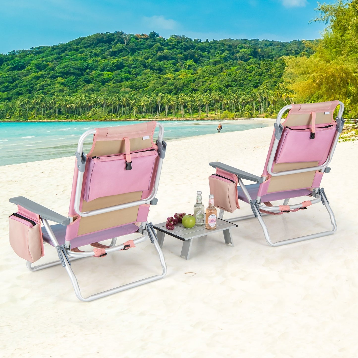 2 Packs 5-Position Outdoor Folding Backpack Beach Table Chair Reclining Chair Set-Blue