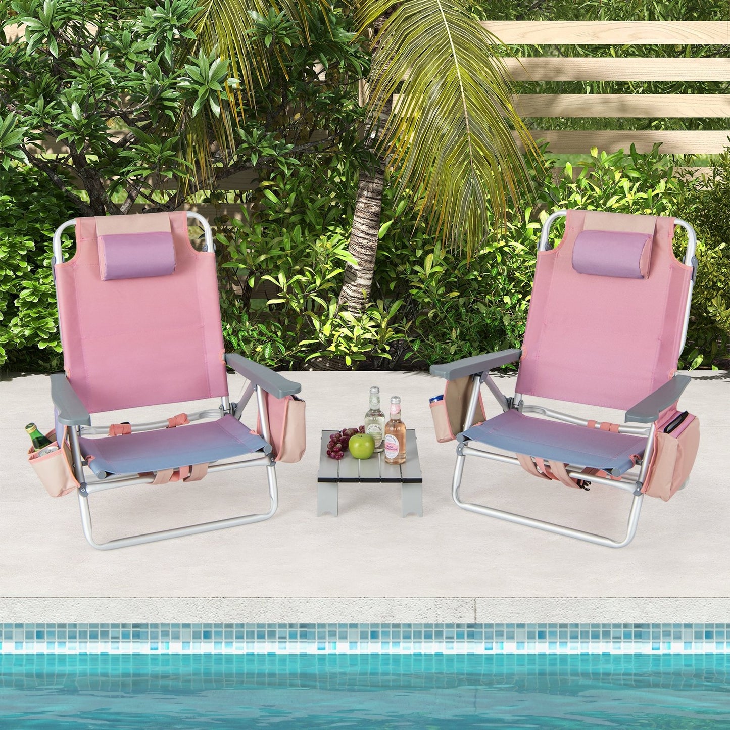 2 Packs 5-Position Outdoor Folding Backpack Beach Table Chair Reclining Chair Set-Blue