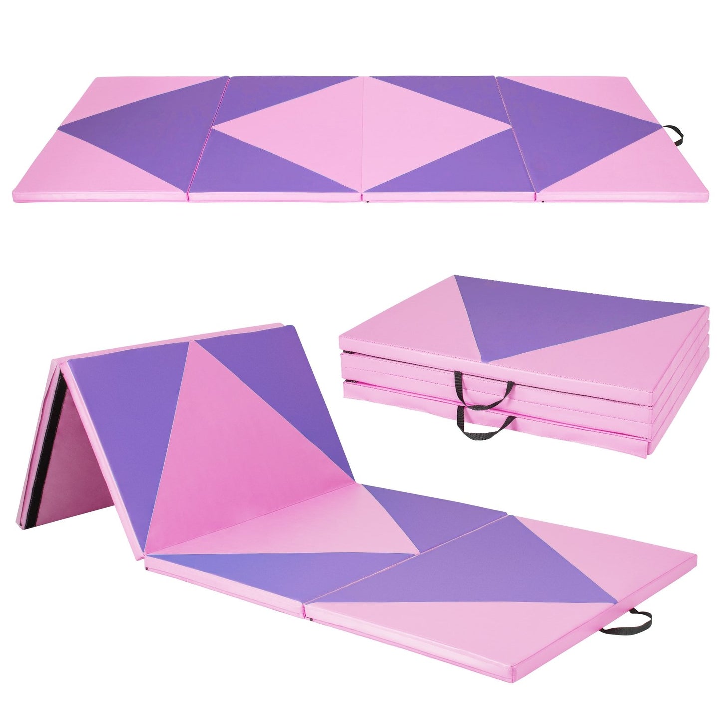 4-Panel PU Leather Folding Exercise Gym Mat with Hook and Loop Fasteners-Black & Pink