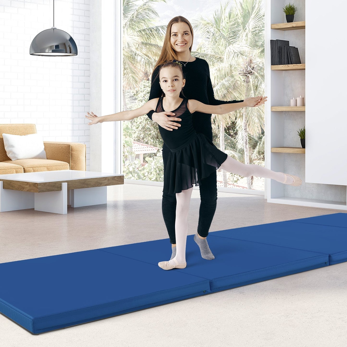 4-Panel PU Leather Folding Exercise Mat with Carrying Handles-Black