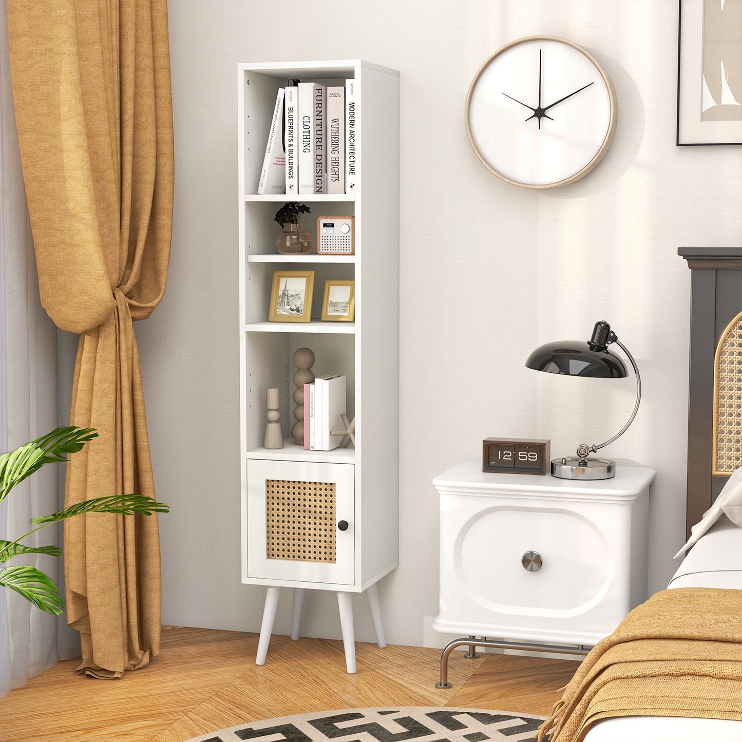 4 Tiers Rattan Storage Cabinet with Slim Design-White