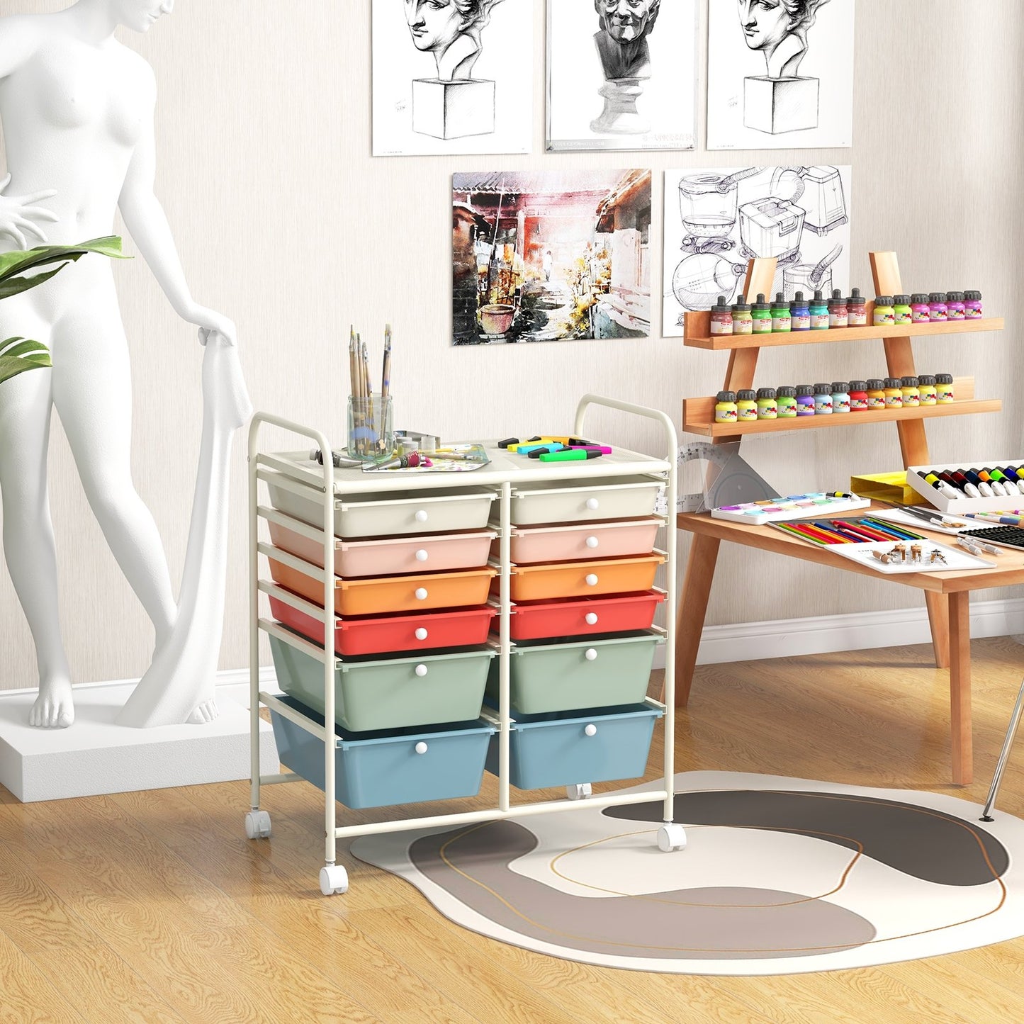 12-Drawer Rolling Storage Cart with Removable Drawers and Lockable Wheels-White