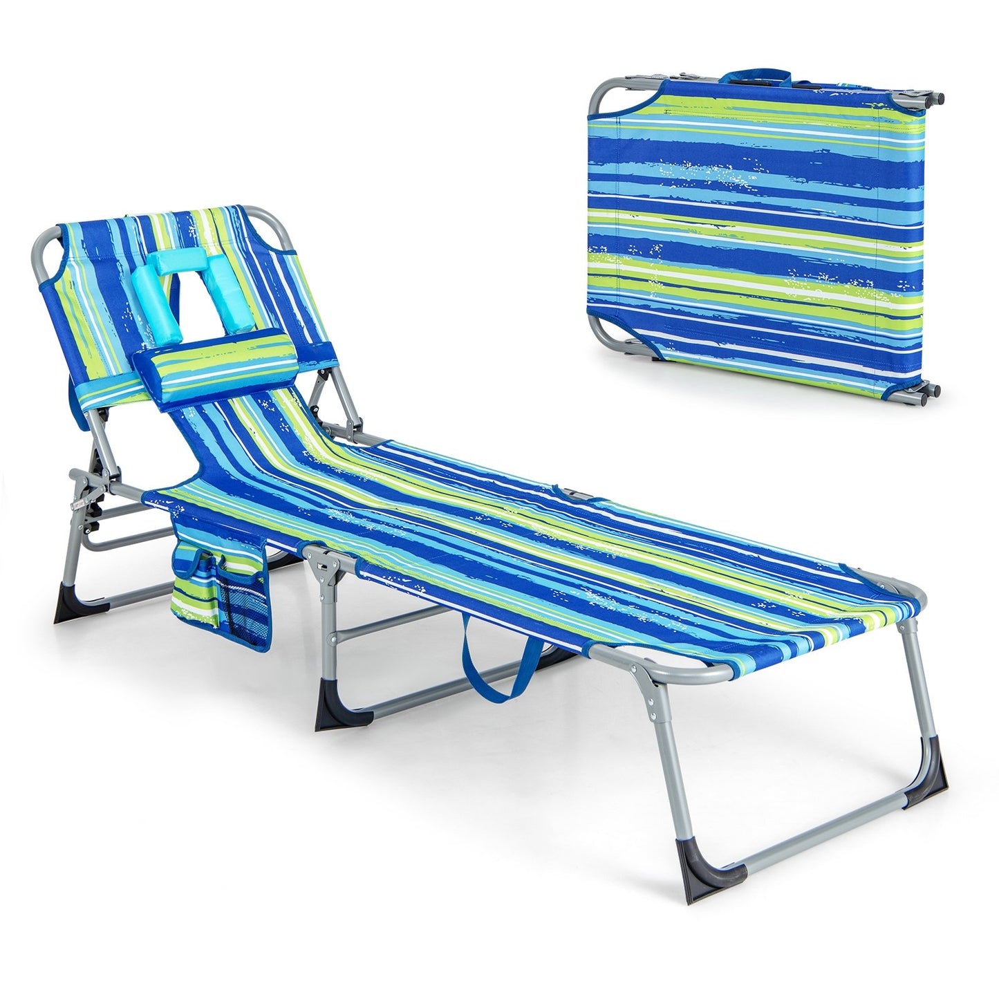 Folding Beach Lounge Chair with Pillow for Outdoor-Beige
