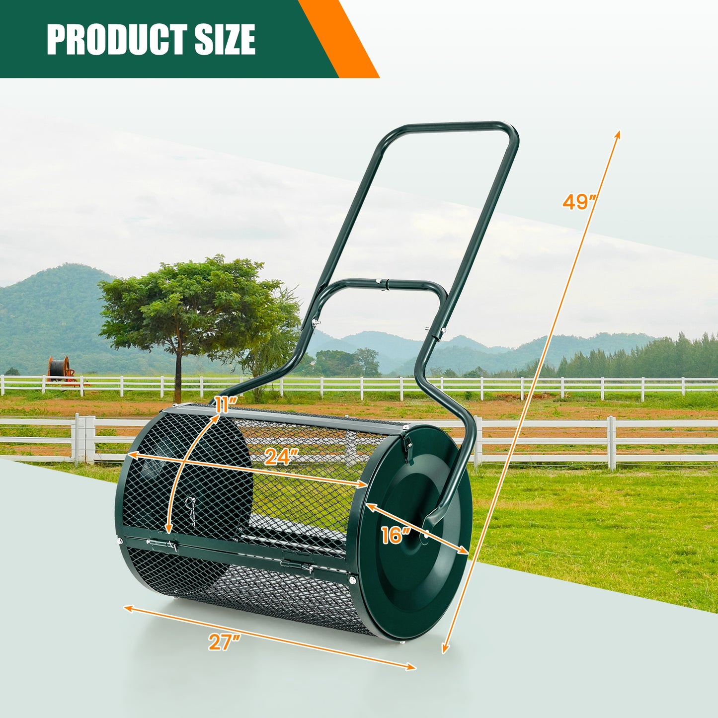 24-Inch Peat Moss Spreader with Upgrade Side Latches and U-shape Handle-Green