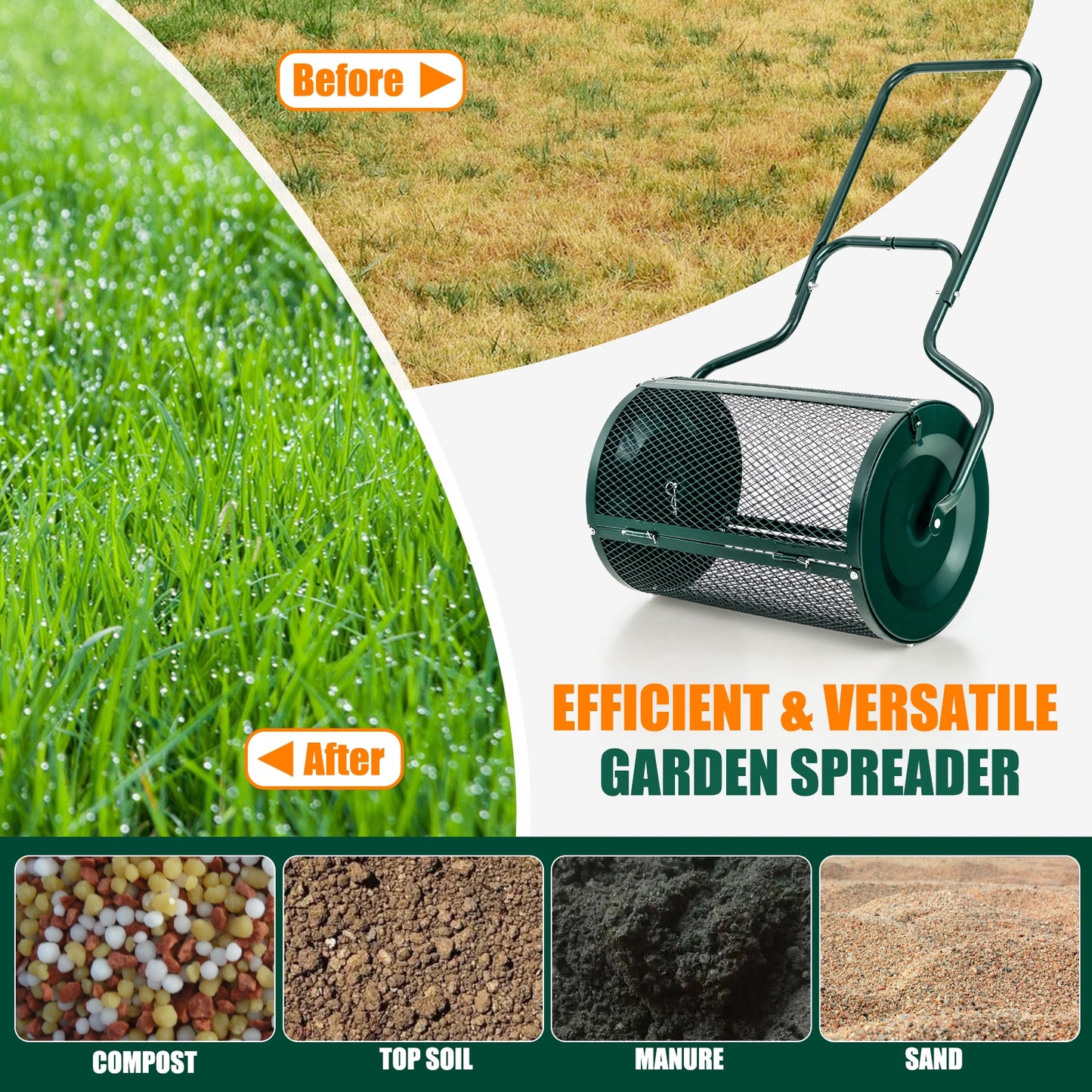 24-Inch Peat Moss Spreader with Upgrade Side Latches and U-shape Handle-Green