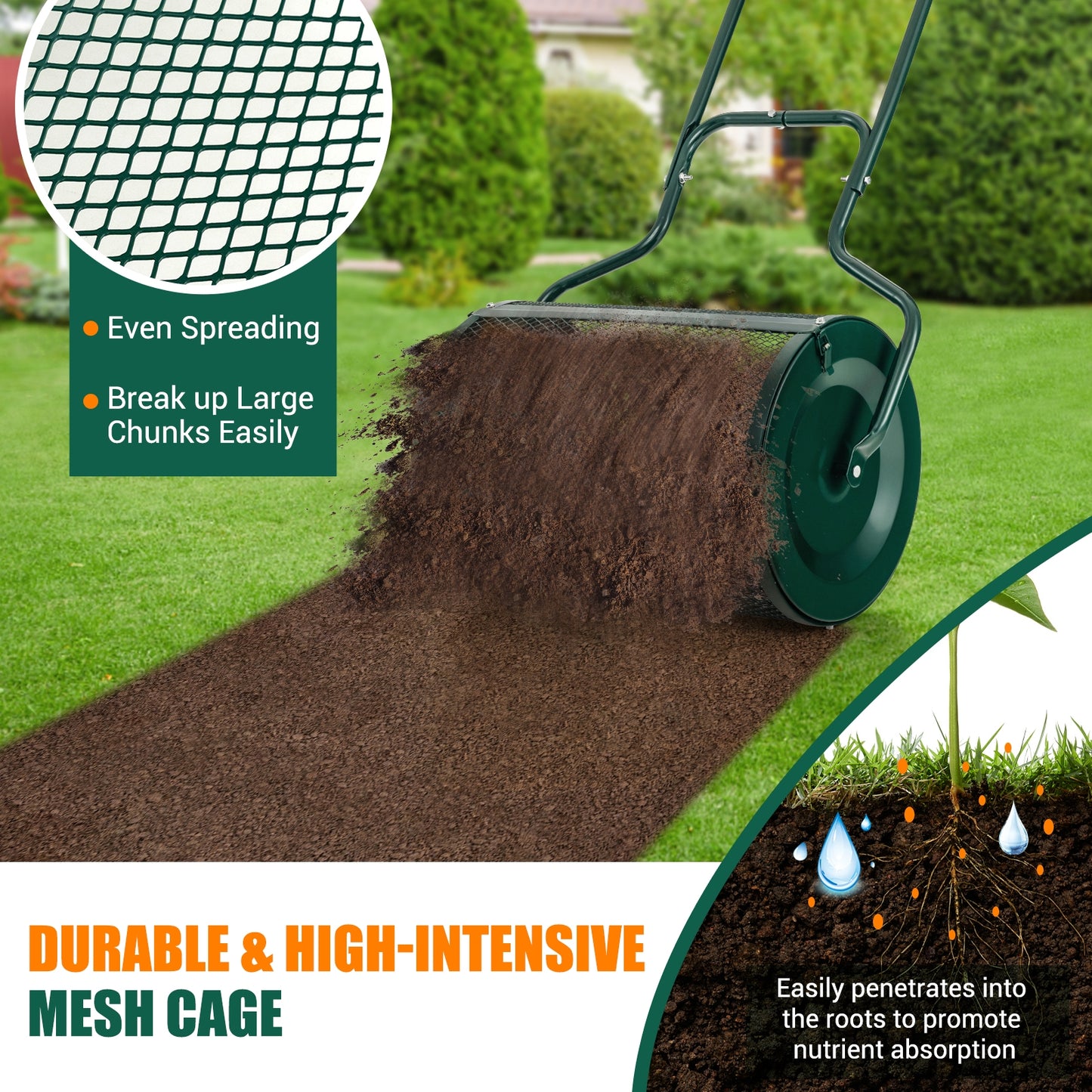 24-Inch Peat Moss Spreader with Upgrade Side Latches and U-shape Handle-Green