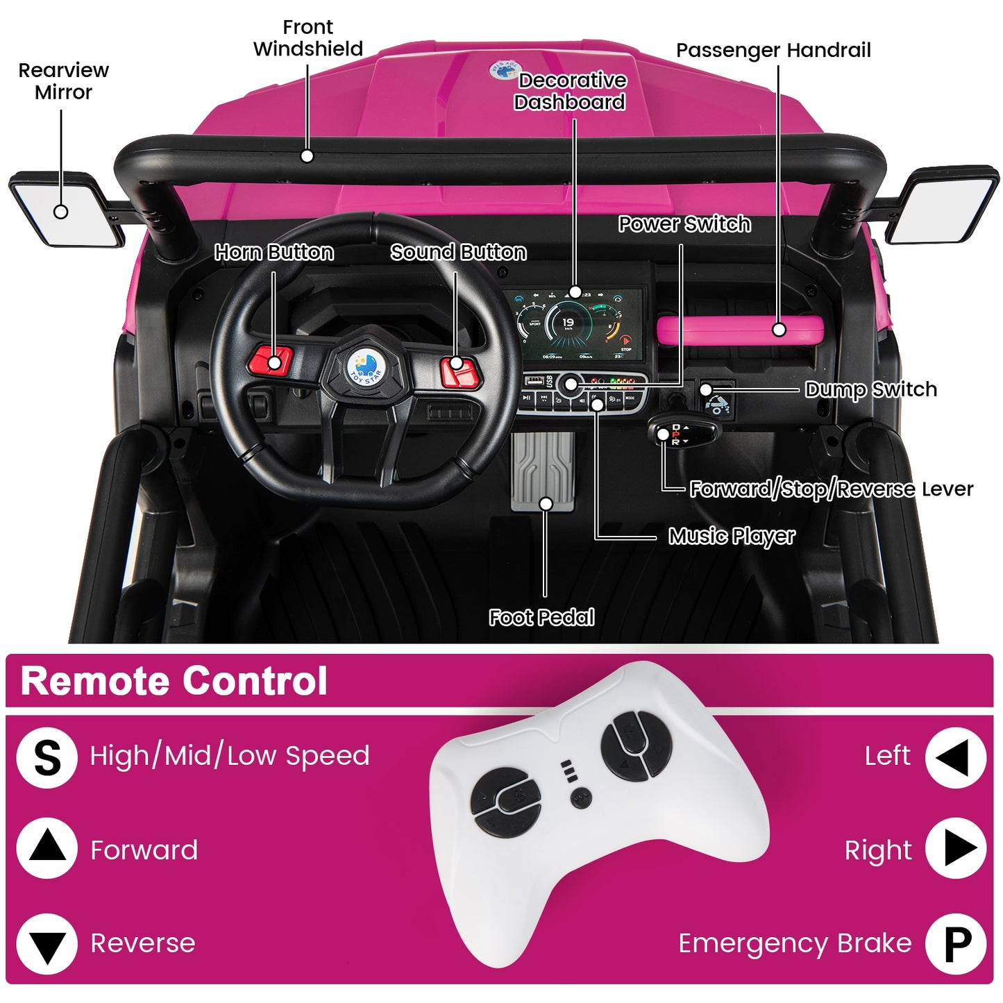 24V Ride on Dump Truck with Remote Control-Pink