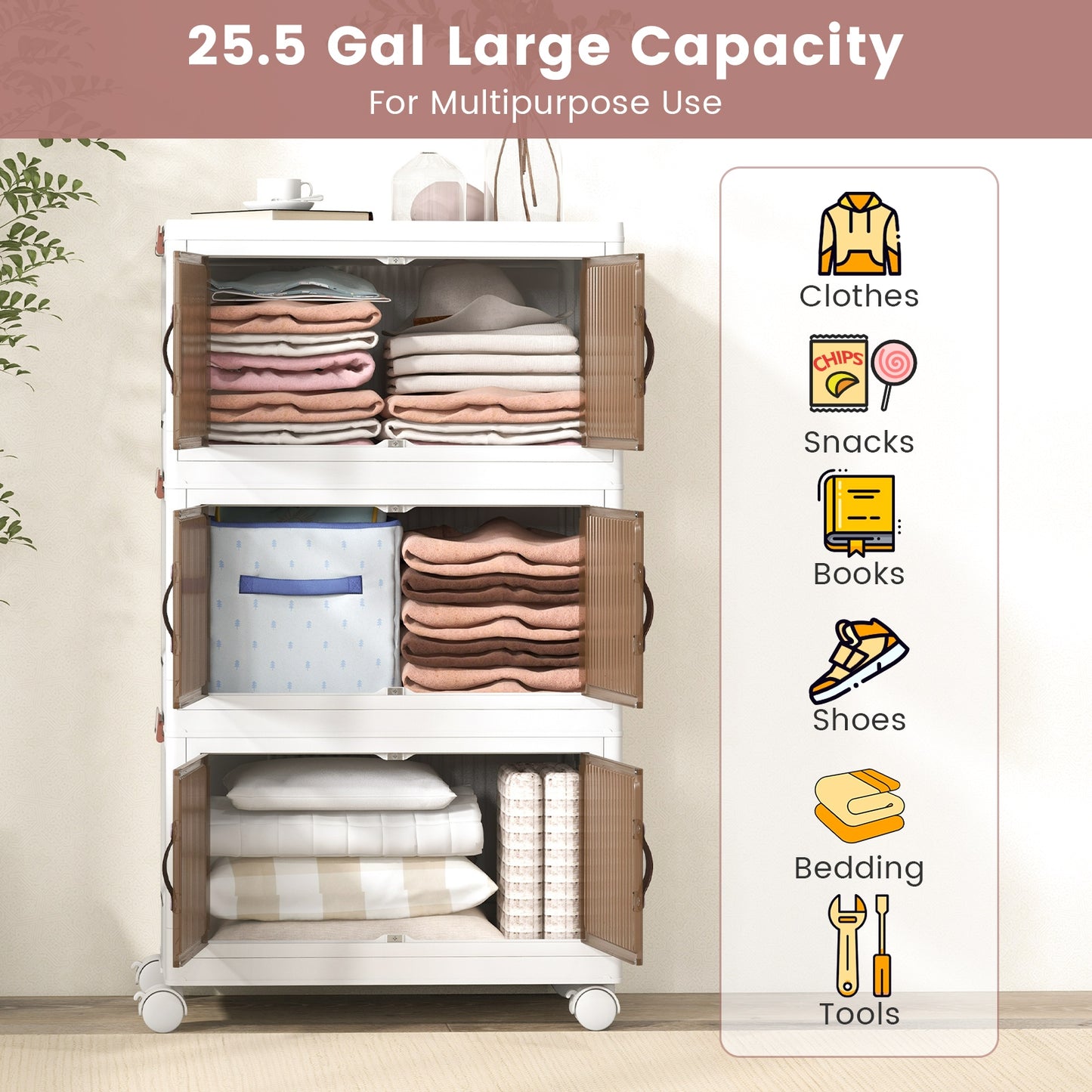 25.5/60 Gal 3-Tier Stackable Storage Boxes Bins with Magnetic Doors and Lockable Casters-S