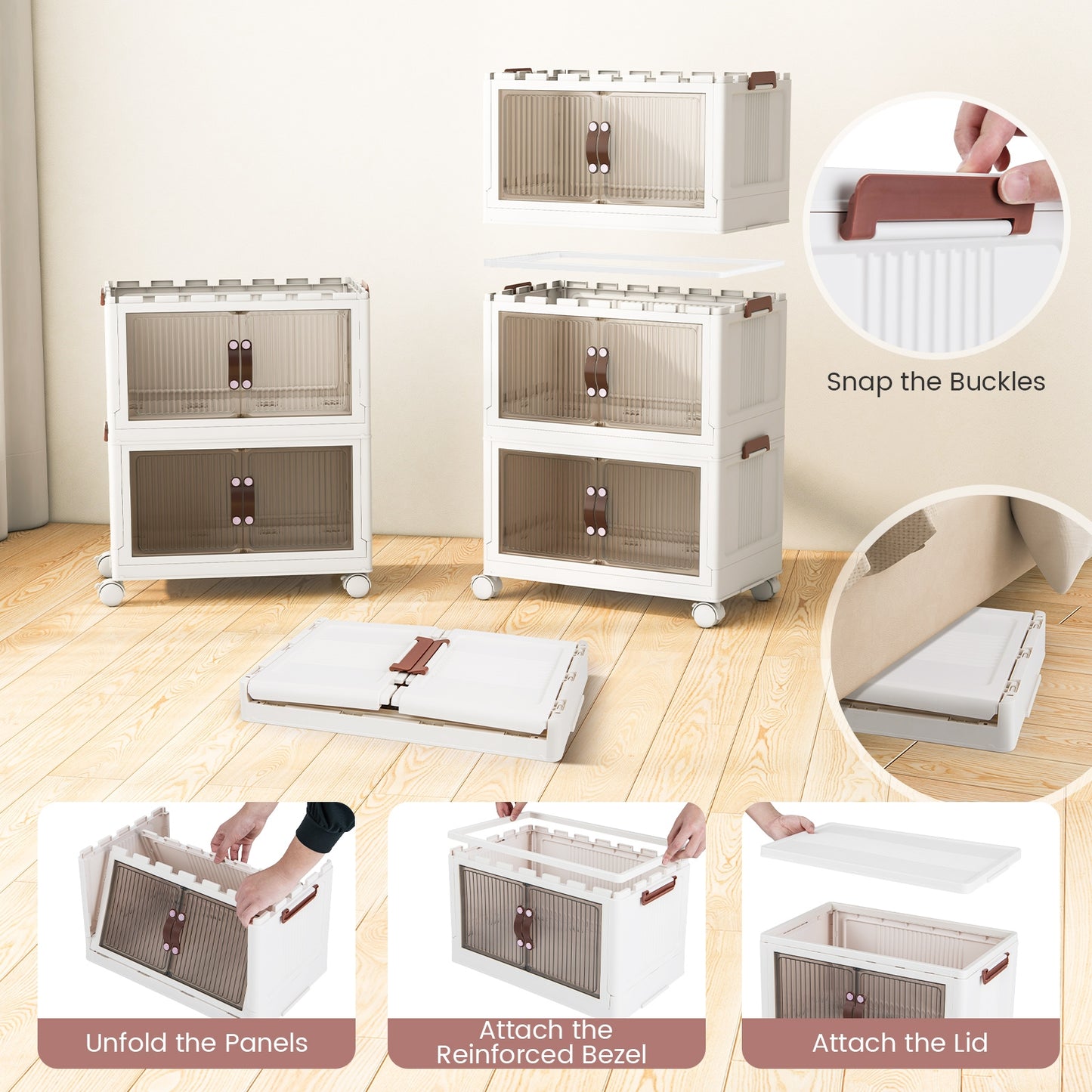 25.5/60 Gal 3-Tier Stackable Storage Boxes Bins with Magnetic Doors and Lockable Casters-S