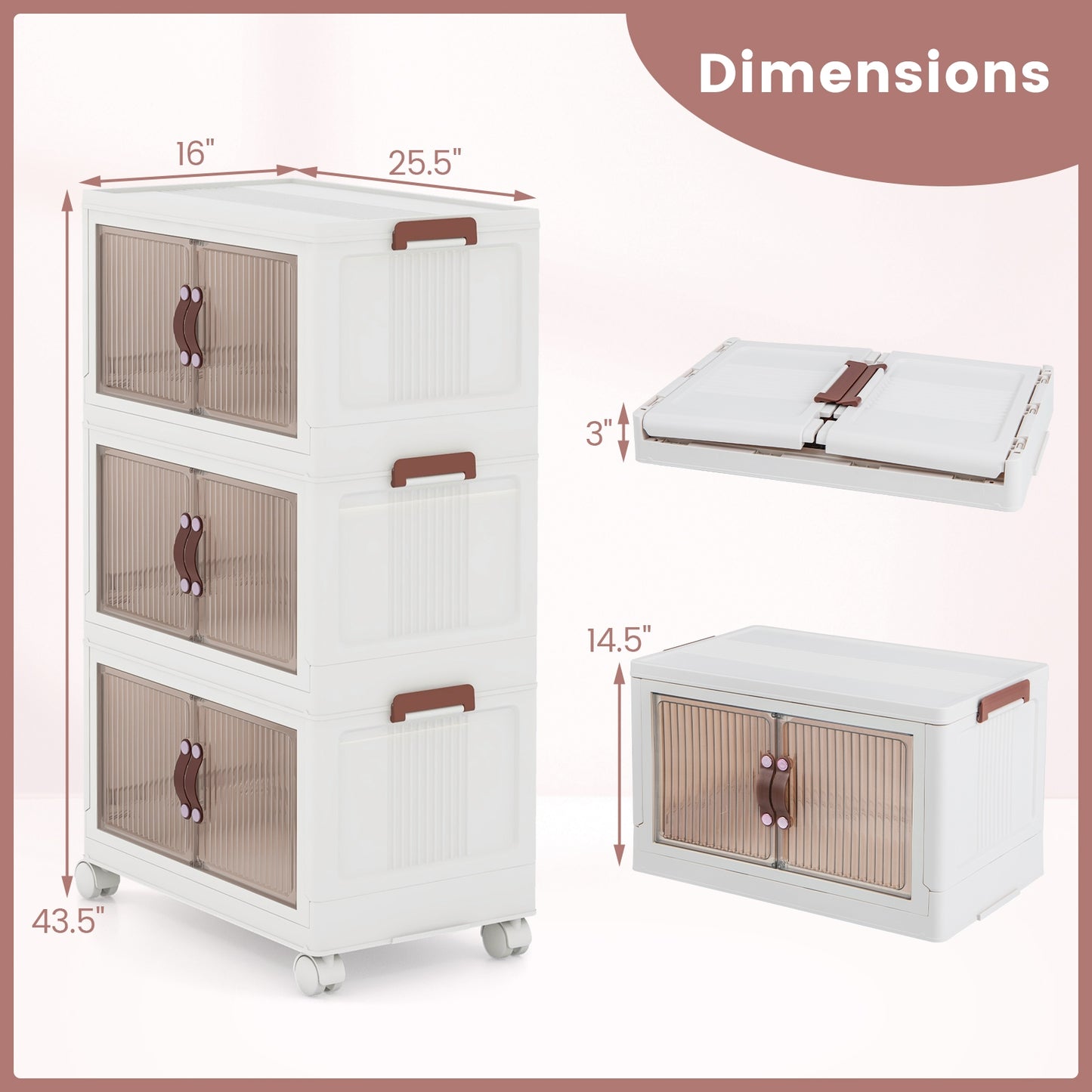 25.5/60 Gal 3-Tier Stackable Storage Boxes Bins with Magnetic Doors and Lockable Casters-M
